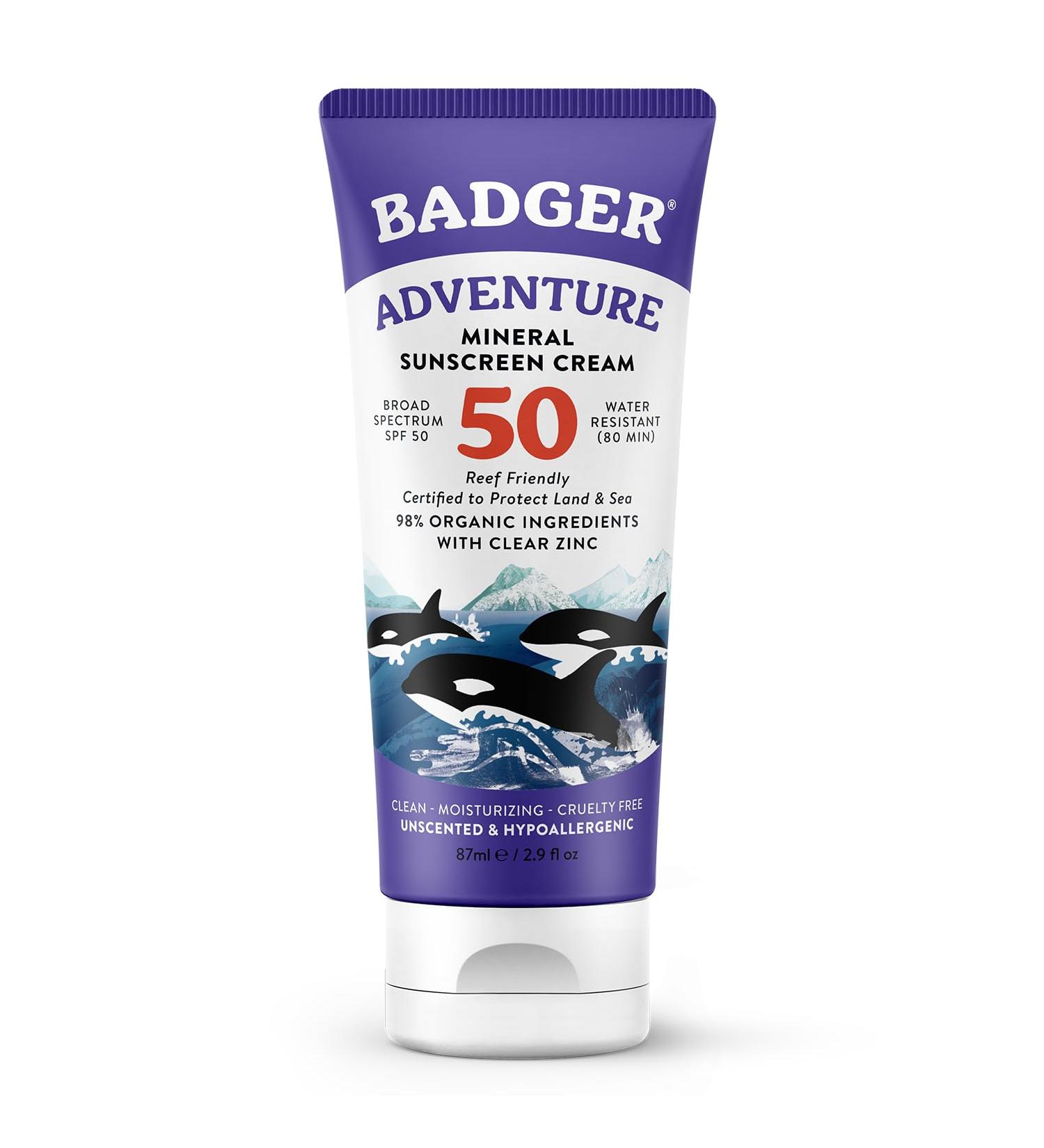 Badger Mineral Sunscreen SPF 50 Zinc Oxide Sunscreen with 98% Organic Ingredients Reef-Safe Broad-Spectrum Hypoallergenic Water Resistant Unscented Adventure Sport 2.9 fl oz 2.9 Fl Oz (Pack of 1) Tube - Buy Online on GoSupps.com