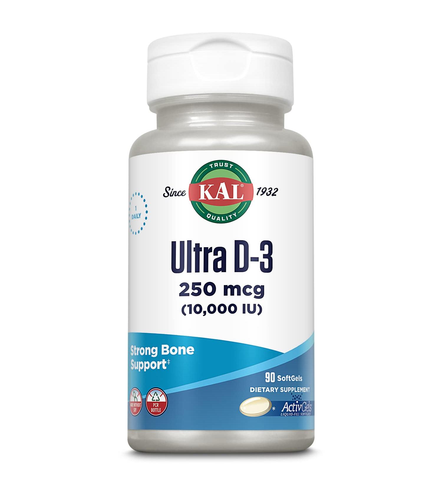 KAL Ultra D-3 250 mcg (10000 IU) - 90 Softgels | High Potency Vitamin D Supplement - Buy Online on GoSupps.com
