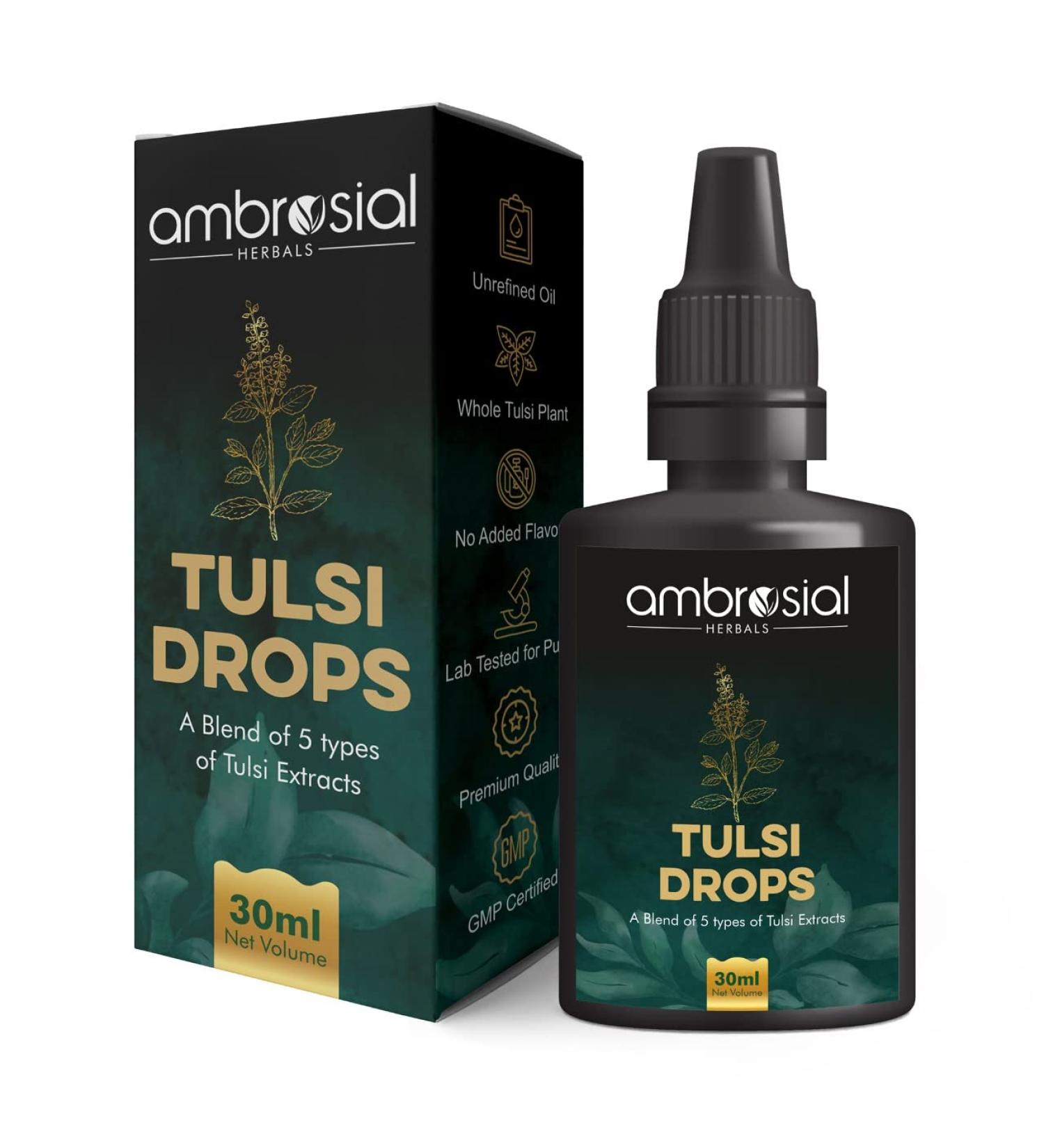 Ambrosial Tulsi Drops 30ml - Immunity Booster & Cold Relief | 5 Tulsi Extract | Raw Holy Basil Leaf | Pack of 1 - Buy Online on GoSupps.com