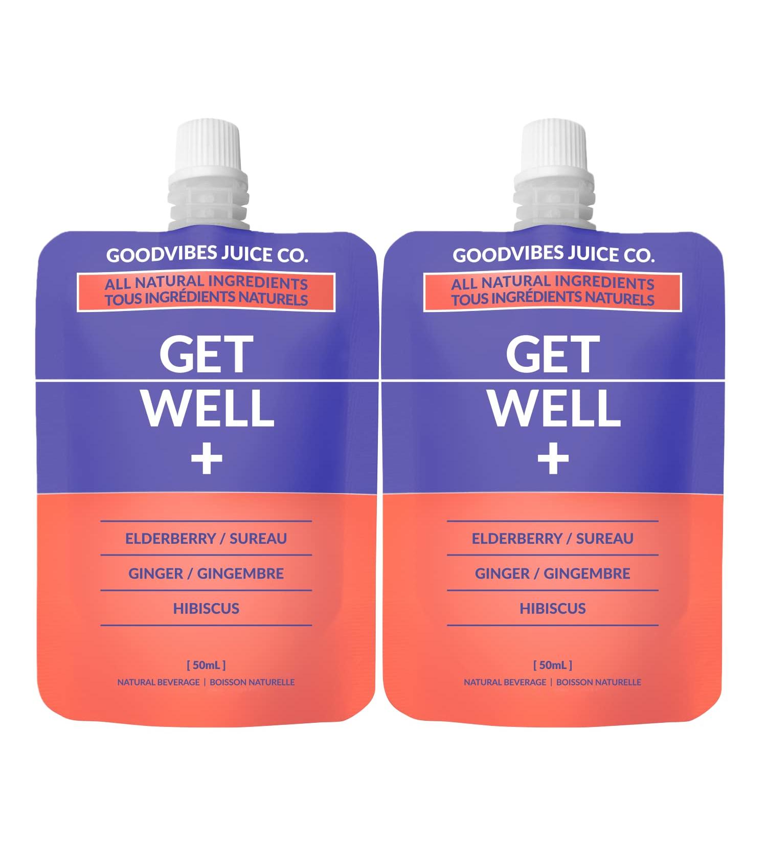 goodvibes juice co. Get Well | Natural Wellness Shot | Elderberry Ginger Hibiscus Lemon Maple Cayenne | Antioxidants Immunity Decongestion | Vegan Gluten Free | 50mL Pouch (Pack of 2) - Buy Online on GoSupps.com