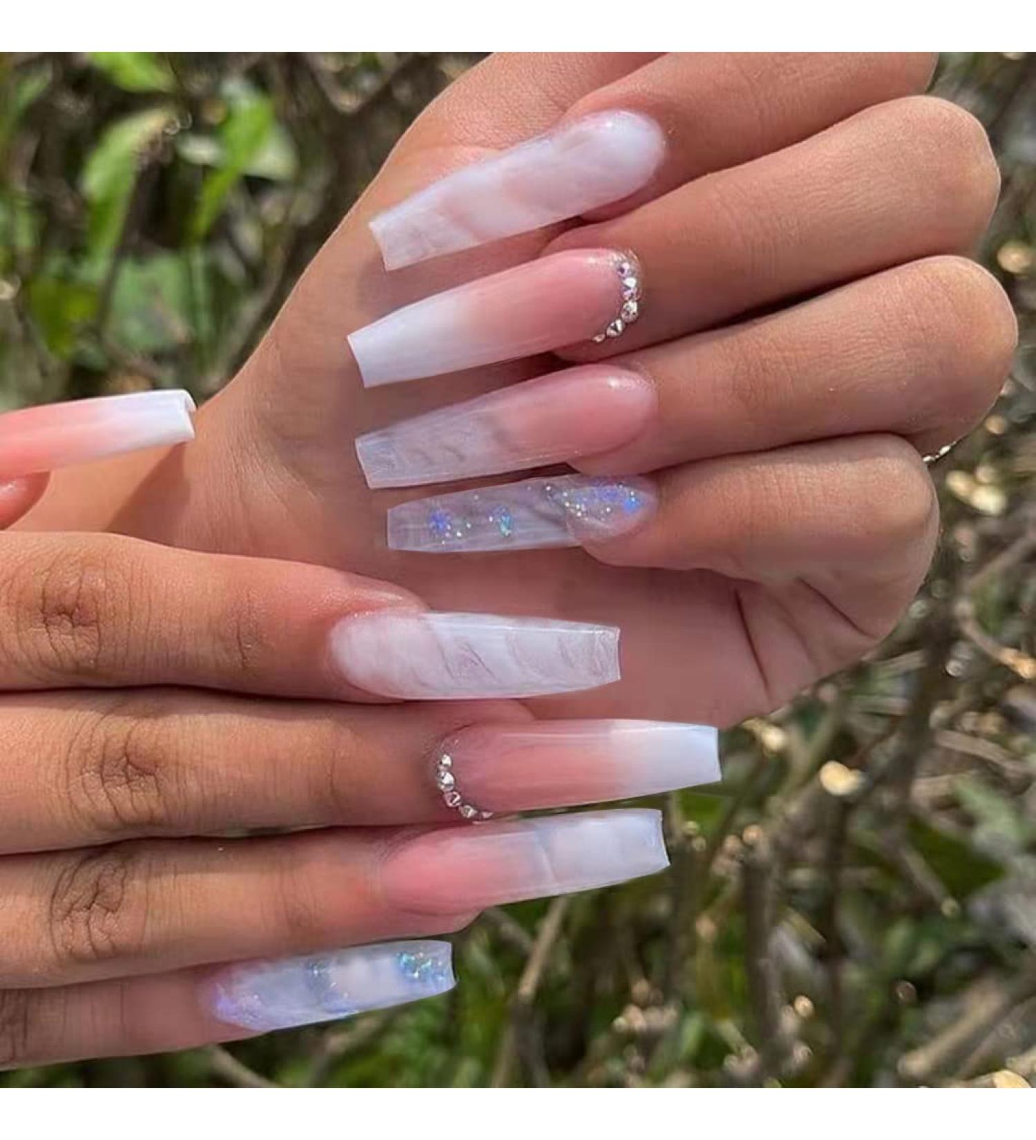 YOSOMK Pink Coffin Fake Nails with Gems - Glossy False Nails for Women - Stick on Nails with Glue - Long Press on Acrylic Nail Tips - Buy Online on GoSupps.com
