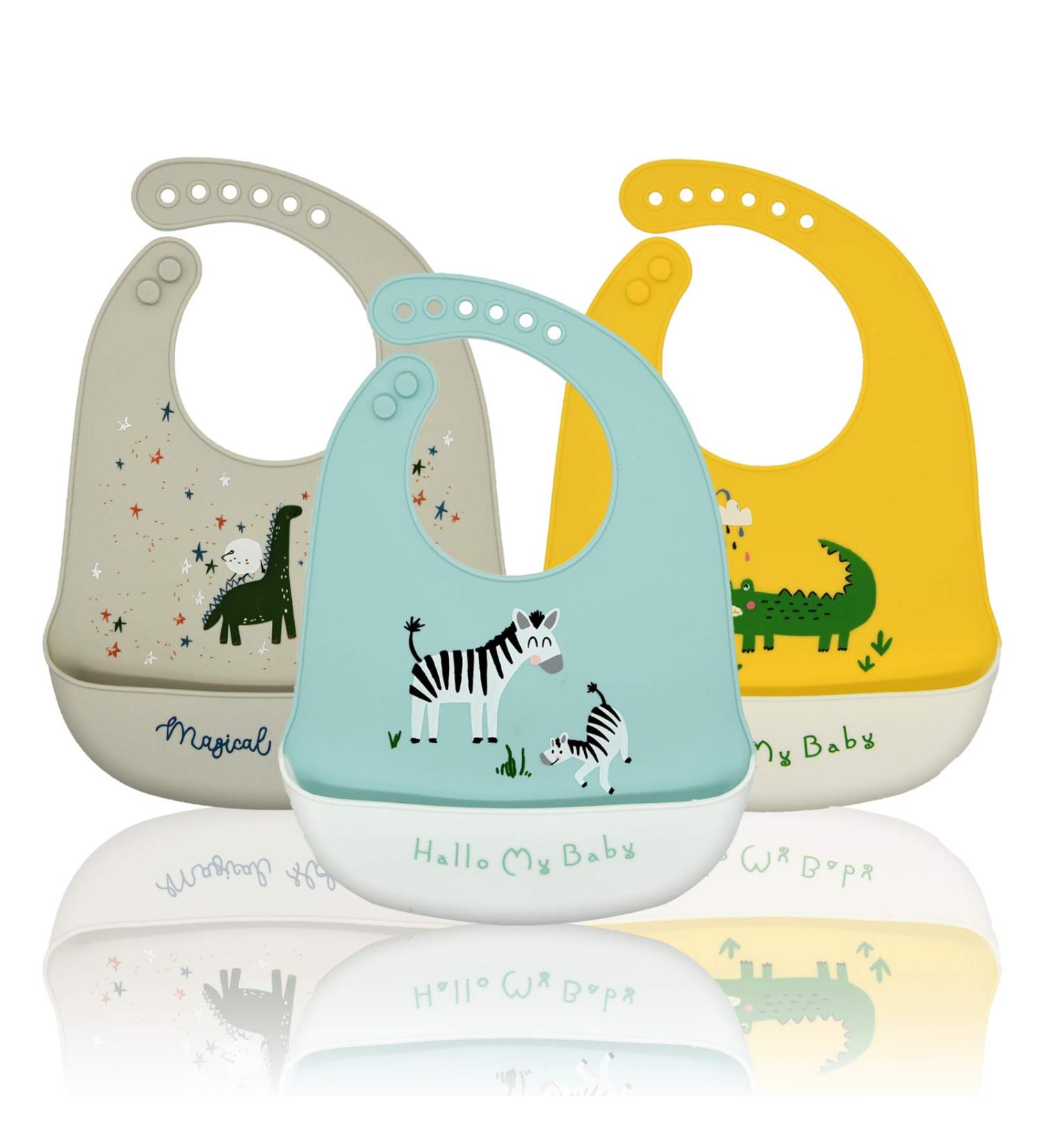 Baogaier Silicone Baby Bibs - 3 Pack Waterproof Easy Clean Feeding Bibs for Toddlers & Kids - Animal Designs in Blue/Grey/Yellow - Buy Online on GoSupps.com