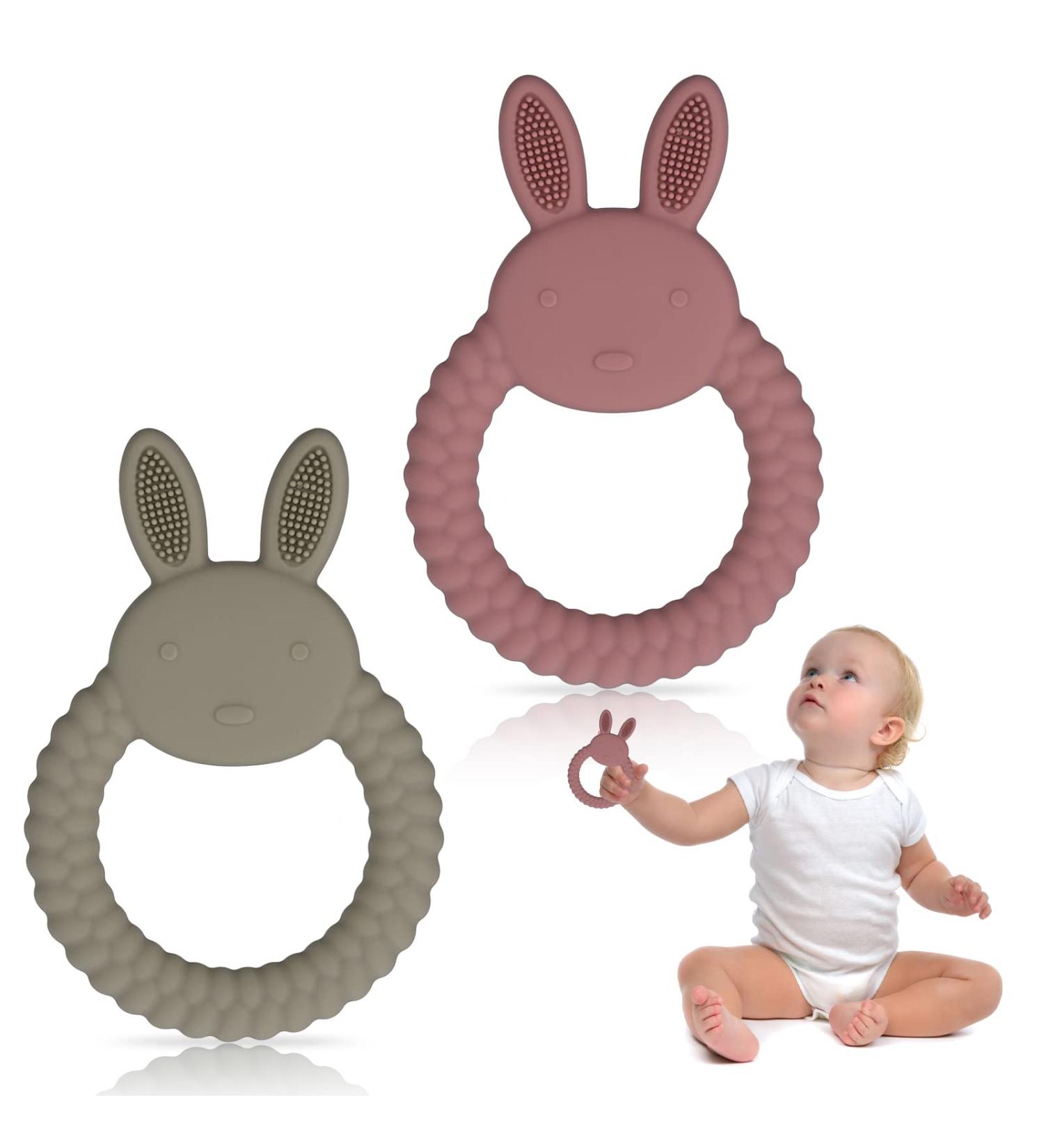 FIRDINK Silicone Baby Bite Rings - 2 Pack Teething Toys for Gums Relief & Massage | Rabbit Design - Buy Online on GoSupps.com