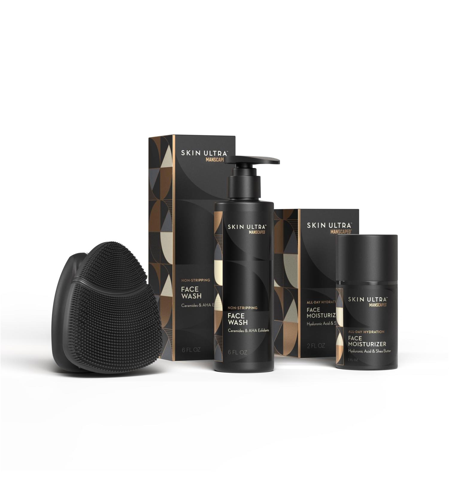 MANSCAPED Skin Ultra Starter Kit - Men's Daily Skincare Routine with Face Buffer PRO Electric Silicone Scrubber Exfoliating Face Wash with Ceramides Facial Moisturizer Infused with Hyaluronic Acid - Buy Online on GoSupps.com