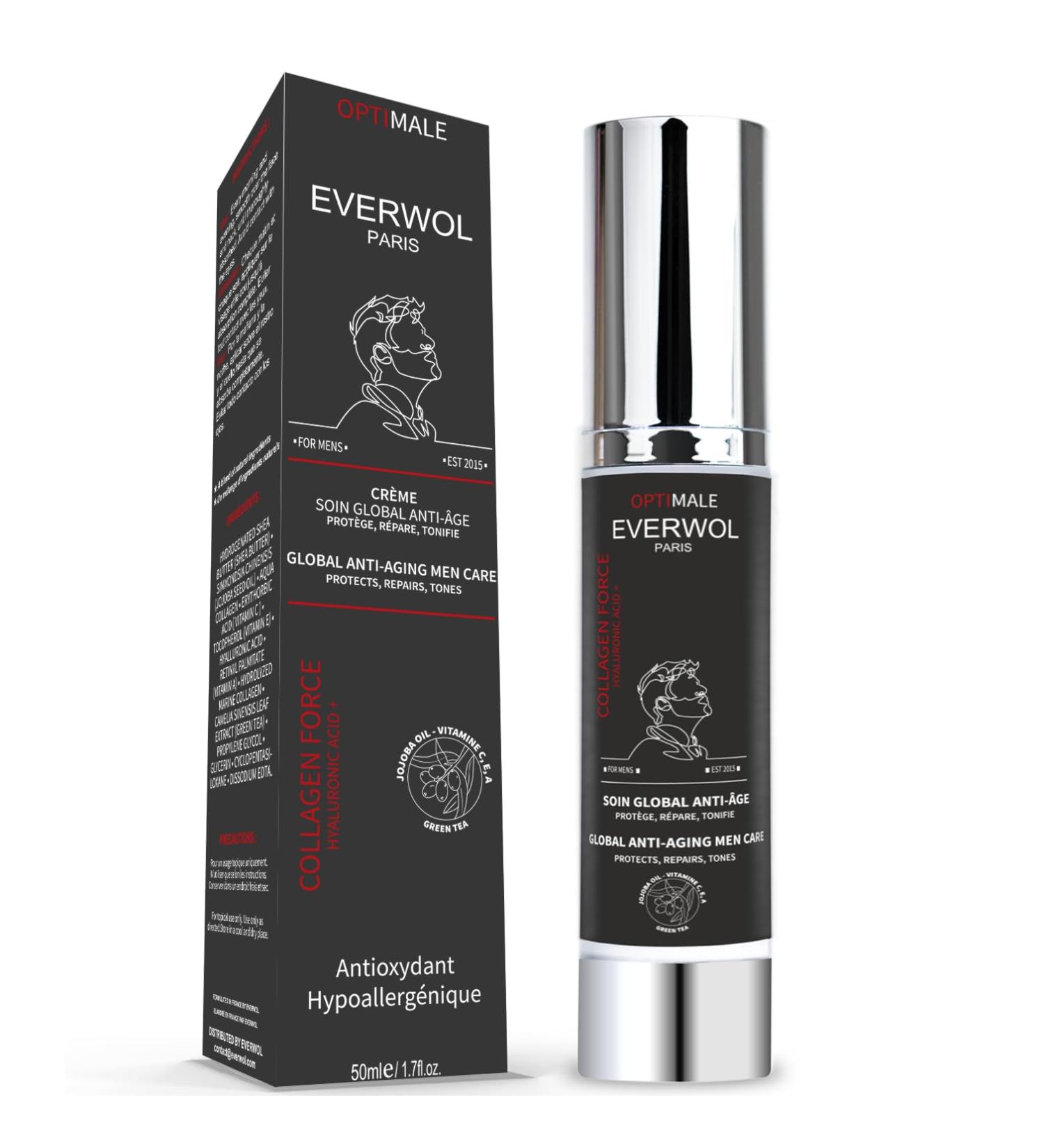 EVERWOL - MOISTURIZING ANTI-AGING CREAM FOR MEN FACE AND EYES HYALURONIC ACID COLLAGEN JOJOBA AND GREEN TEA 50ML - Buy Online on GoSupps.com