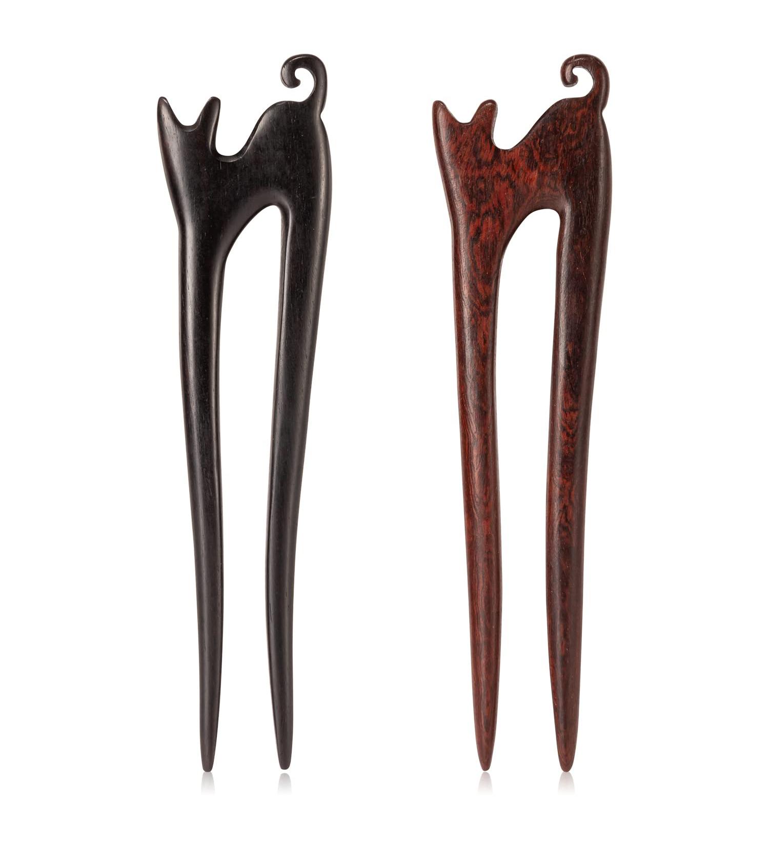 Noverlife Handmade Carved Wooden Hair Sticks - 2PCS U Shape Ebony Sandalwood French Hair Forks with Cute Cat Design for Women's Chignon Bun Updo Hairstyle - Buy Online on GoSupps.com
