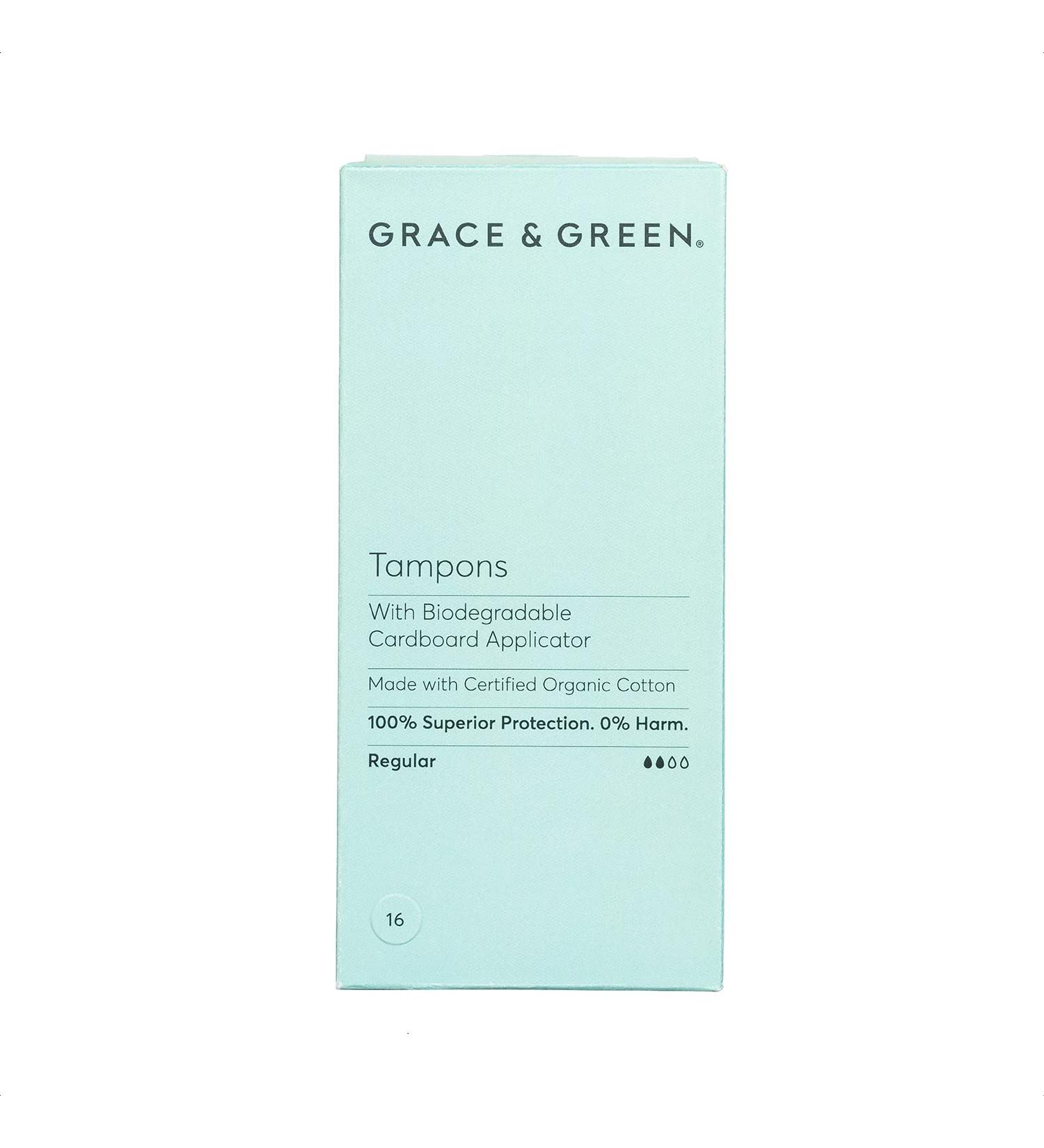 Grace & Green Organic Tampons - Biodegradable Applicator - Regular Size - 16 Count Pack - Made with Organic Cotton - Plastic-Free - Buy Online on GoSupps.com