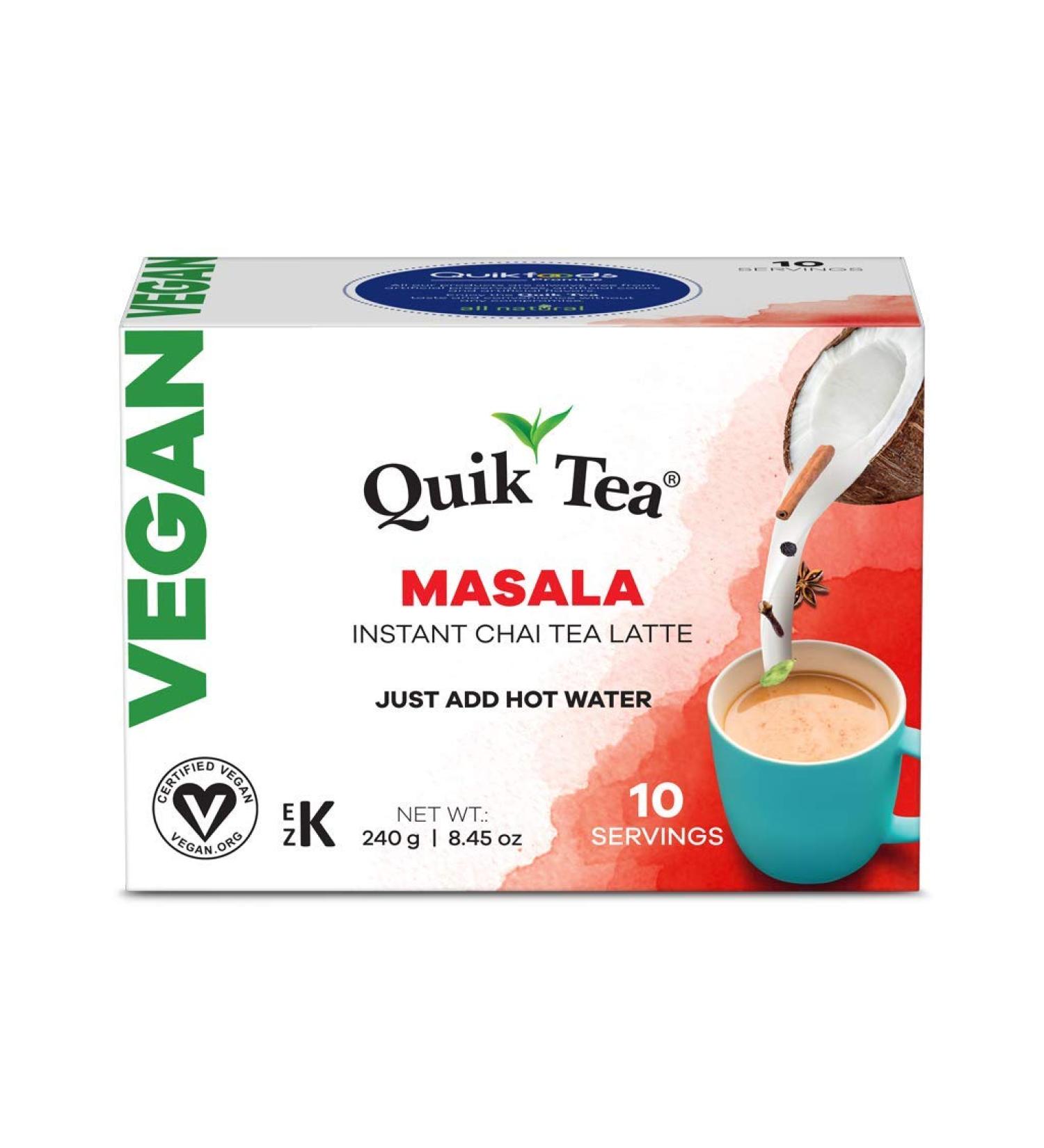 QuikTea Vegan Masala Chai Tea Latte - 10 Count Single Box - All Natural & Preservative Free Authentic Instant Chai Vegan Masala 10 Count (Pack of 1) - Buy Online on GoSupps.com