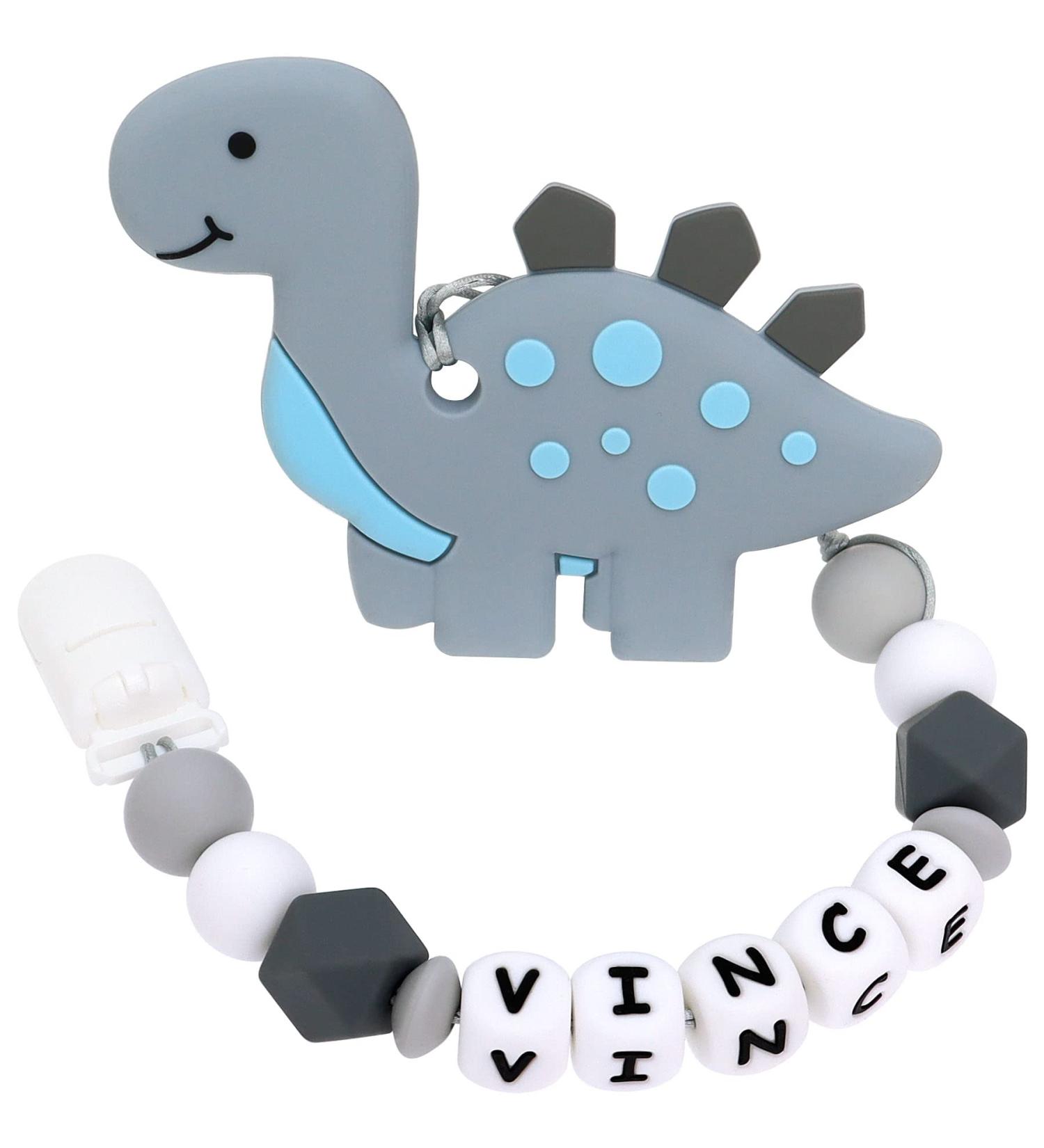 Personalized Stegosaurus Grey Teether Stroller Clip with Name | Custom Baby Toy Holder - Buy Online on GoSupps.com