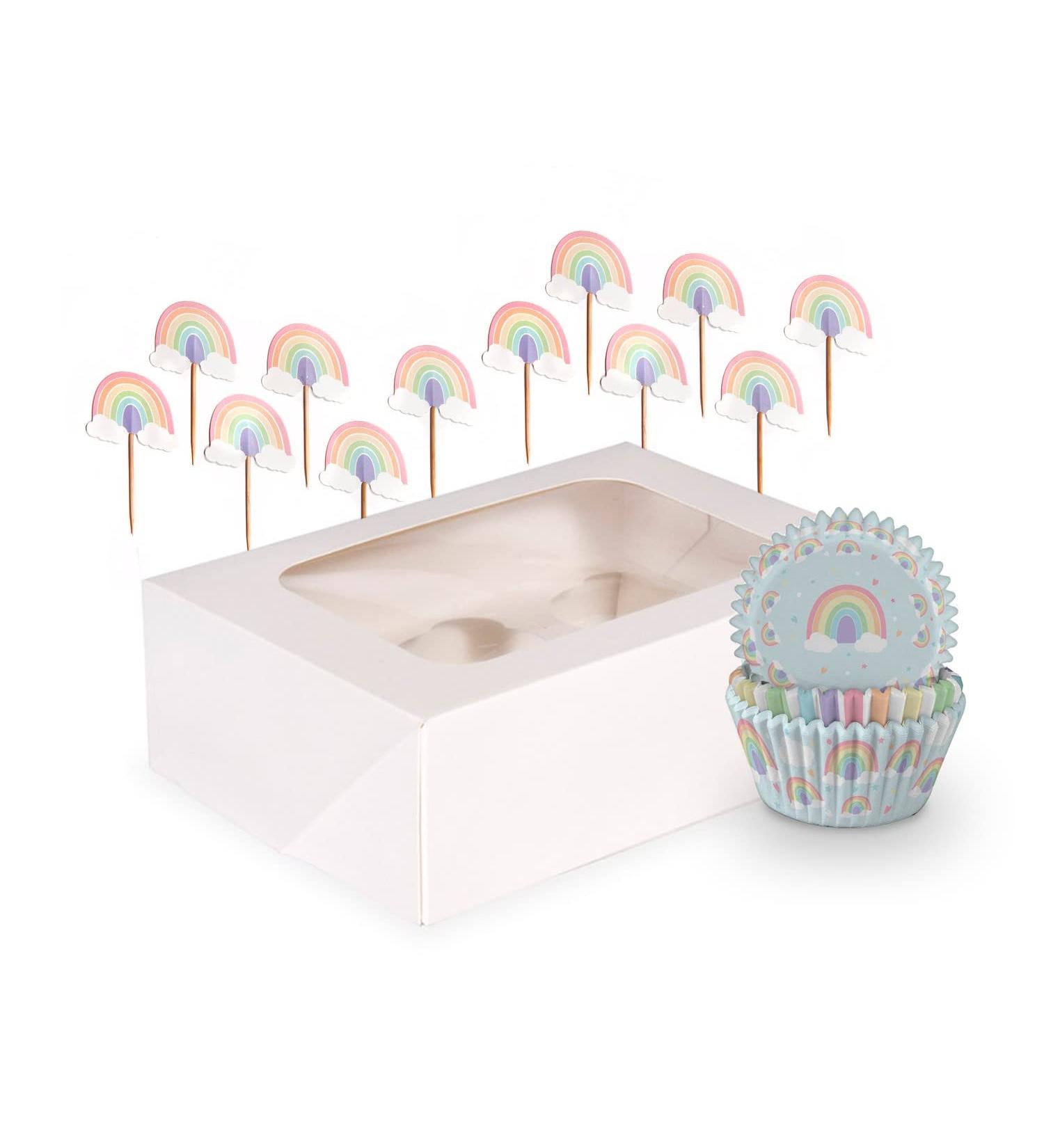 Anniversary House Rainbow Cupcake Decoration Kit 75 Cupcake Cases and 12 Toppers Cupcake Box 6 Hole with Window Rainbow Cake Toppers Pastel Rainbow Party Decorations AMZ013 - Buy Online on GoSupps.com