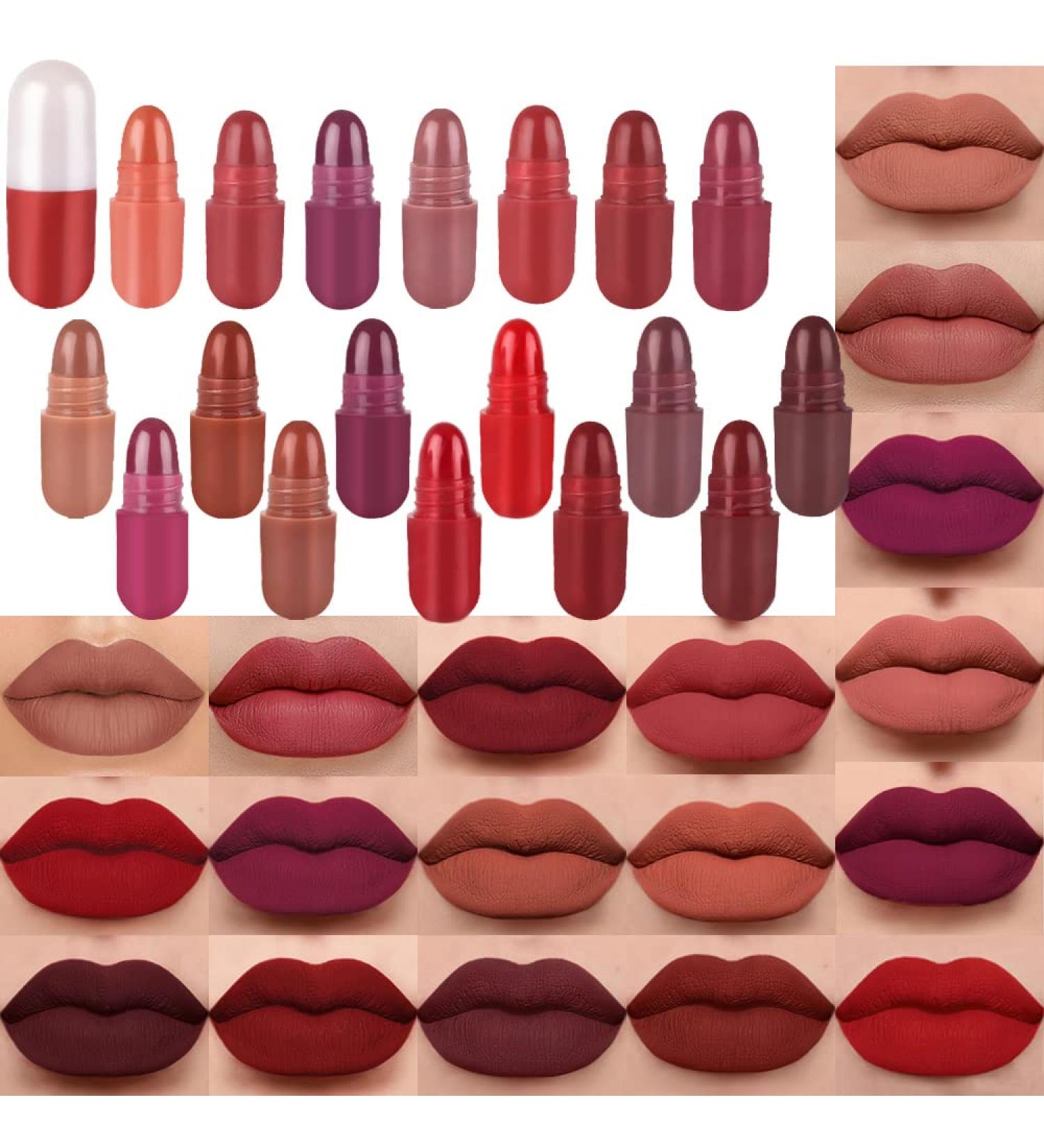 18-Piece Mini Capsule Lipstick Set | Matte Lip Stain Variety | Long-Lasting Nude, Brown, and Dark Red Shades | Cute Lipstick Purse Set for Women | 24-Hour Matte Finish - Buy Online on GoSupps.com