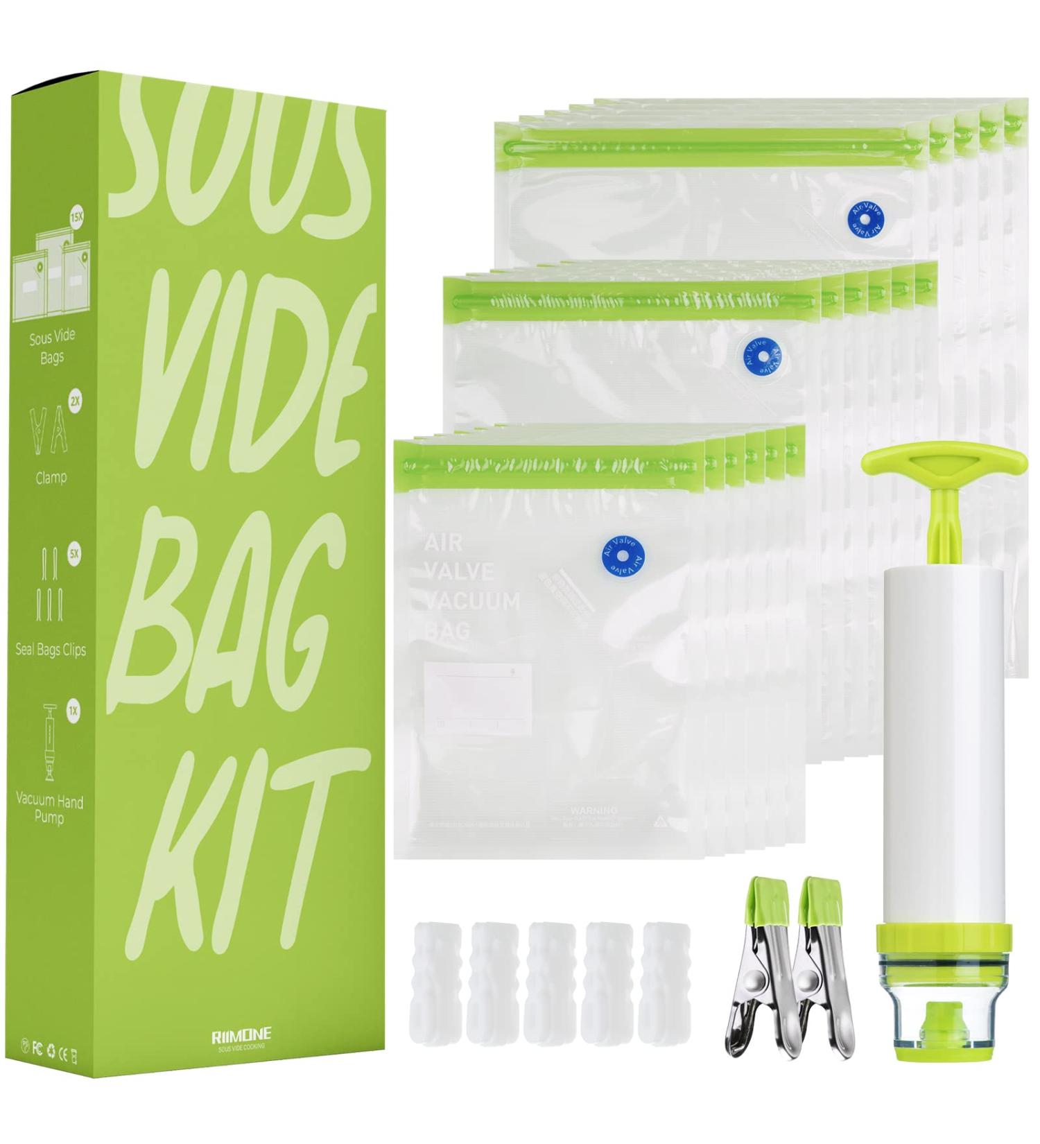 Sous Vide Bags Kit | RIIMONE 23 Pack Reusable Vacuum Food Storage Bags - 3 Sizes | Hand Pump, Clips, Clamps | Sous Vide Cooking & Food Storage - Buy Online on GoSupps.com