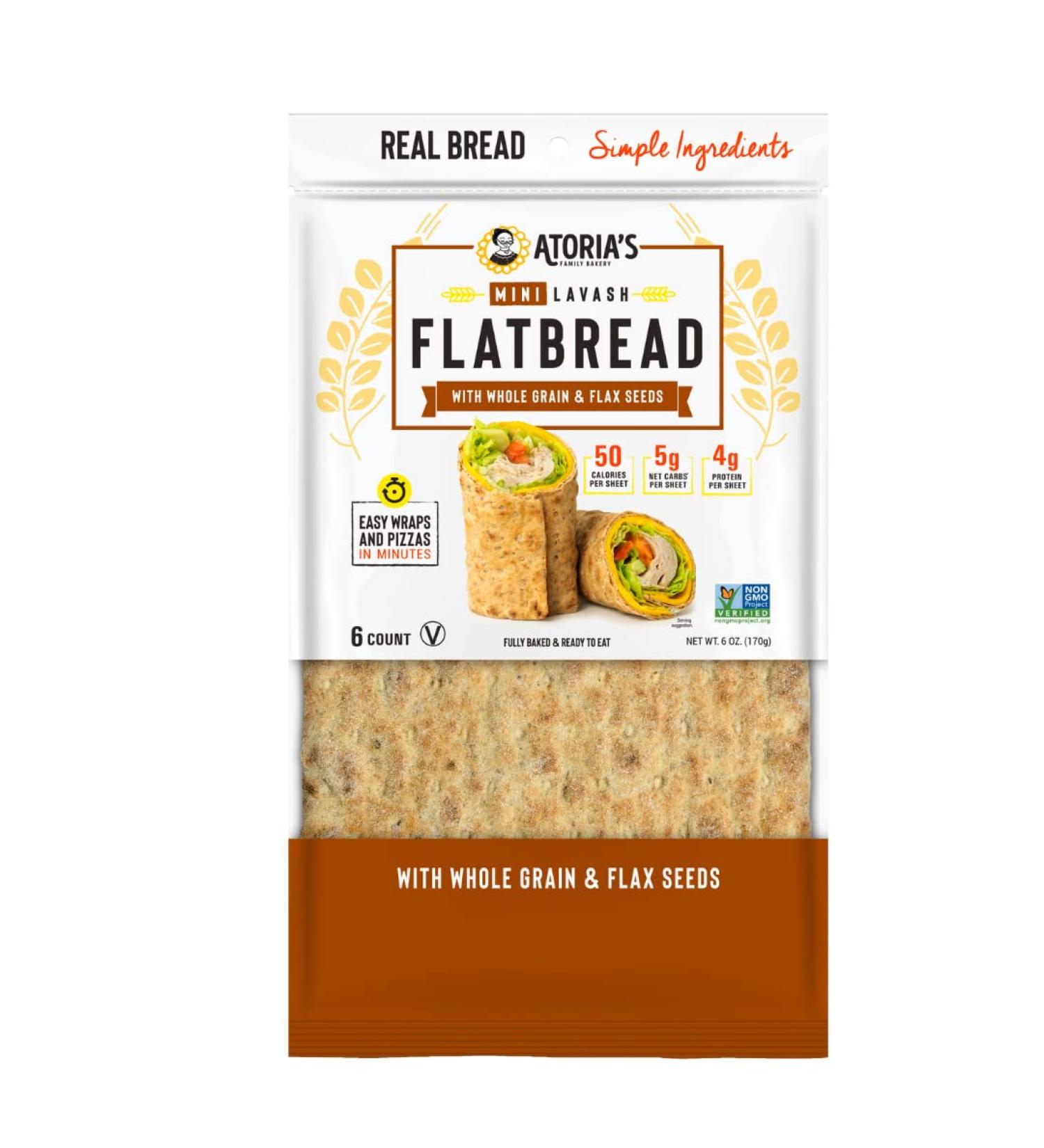 Atorias Family Bakery Mini Lavash bread w/ Whole Grain & Flax Perfect for sandwich bread  wraps or pizza crust 50 calories  5g net carbsKeto-friendly (4 packs of 6 flatbreads  24 pieces) Whole Grain and Flax Lavash 8 Count (Pack of 4) - Buy Online on GoSupps.com