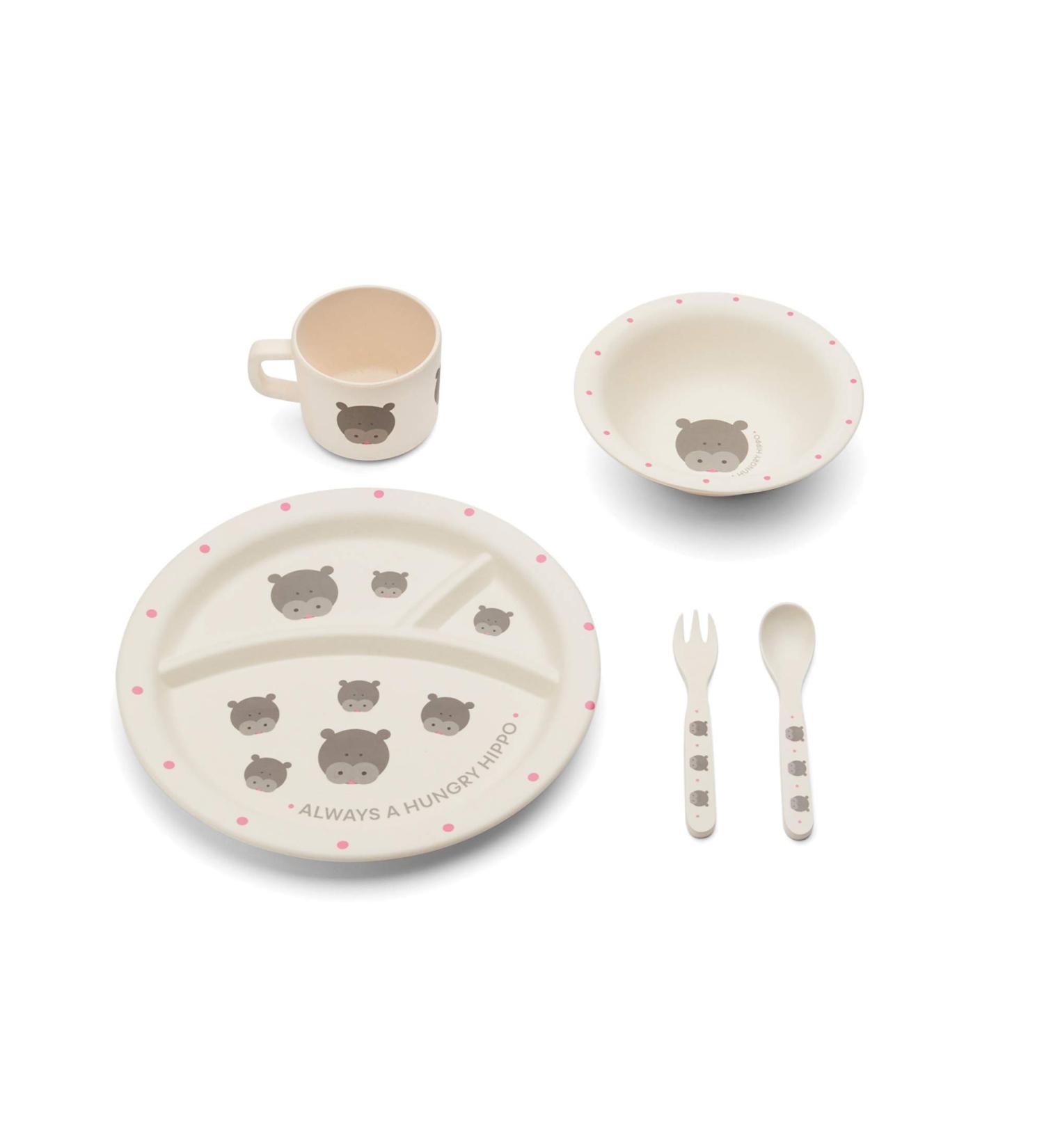 Red Rover Kids' Bamboo Dinner Set Off-White Hippo Design | 2.75 x 11 x 10.25 inches - Buy Online on GoSupps.com