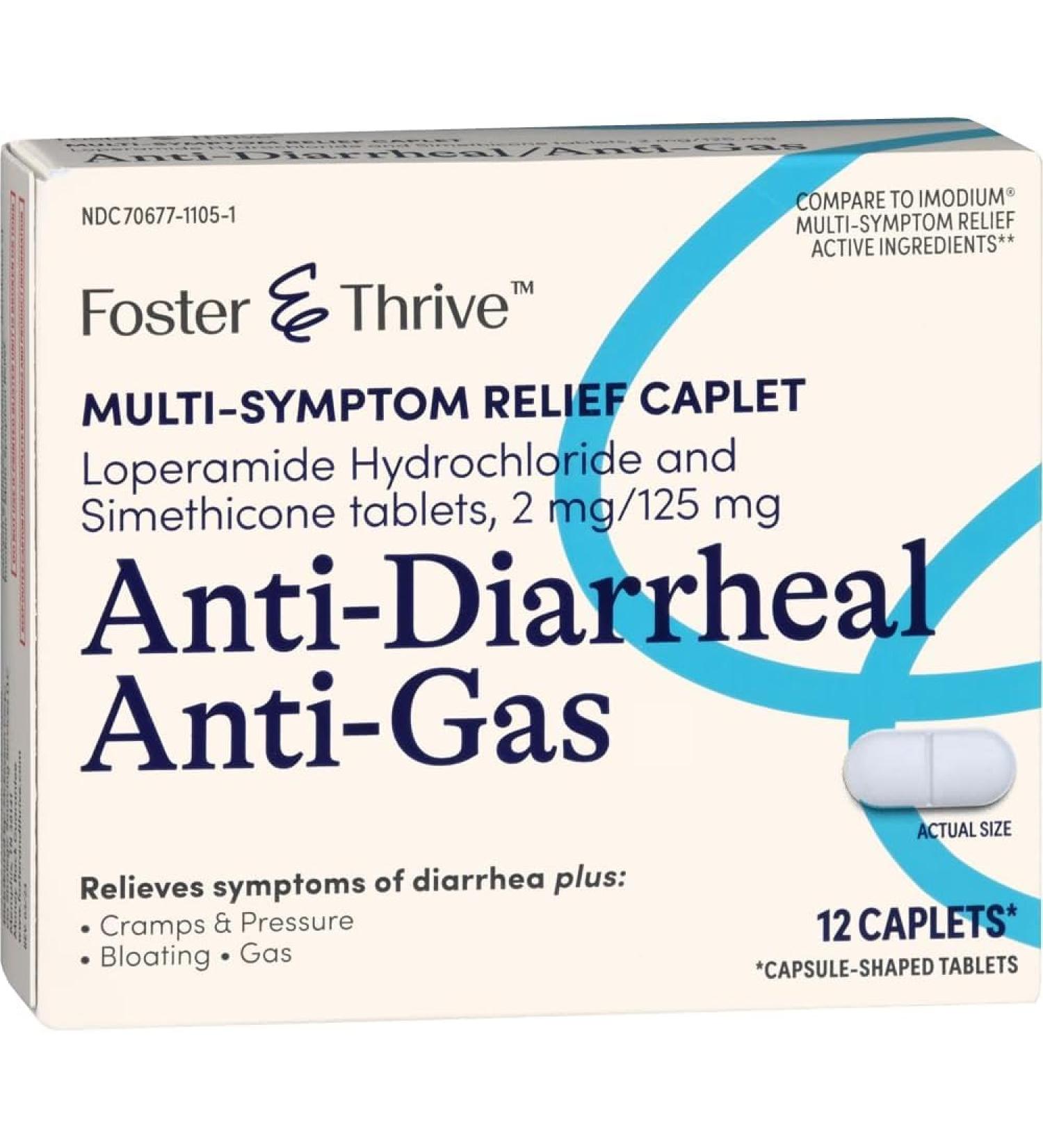 Foster & Thrive Anti-Diarrheal Caplets - Multi-Symptom Relief for Diarrhea Gas & Bloating | 12 Count - Buy Online on GoSupps.com