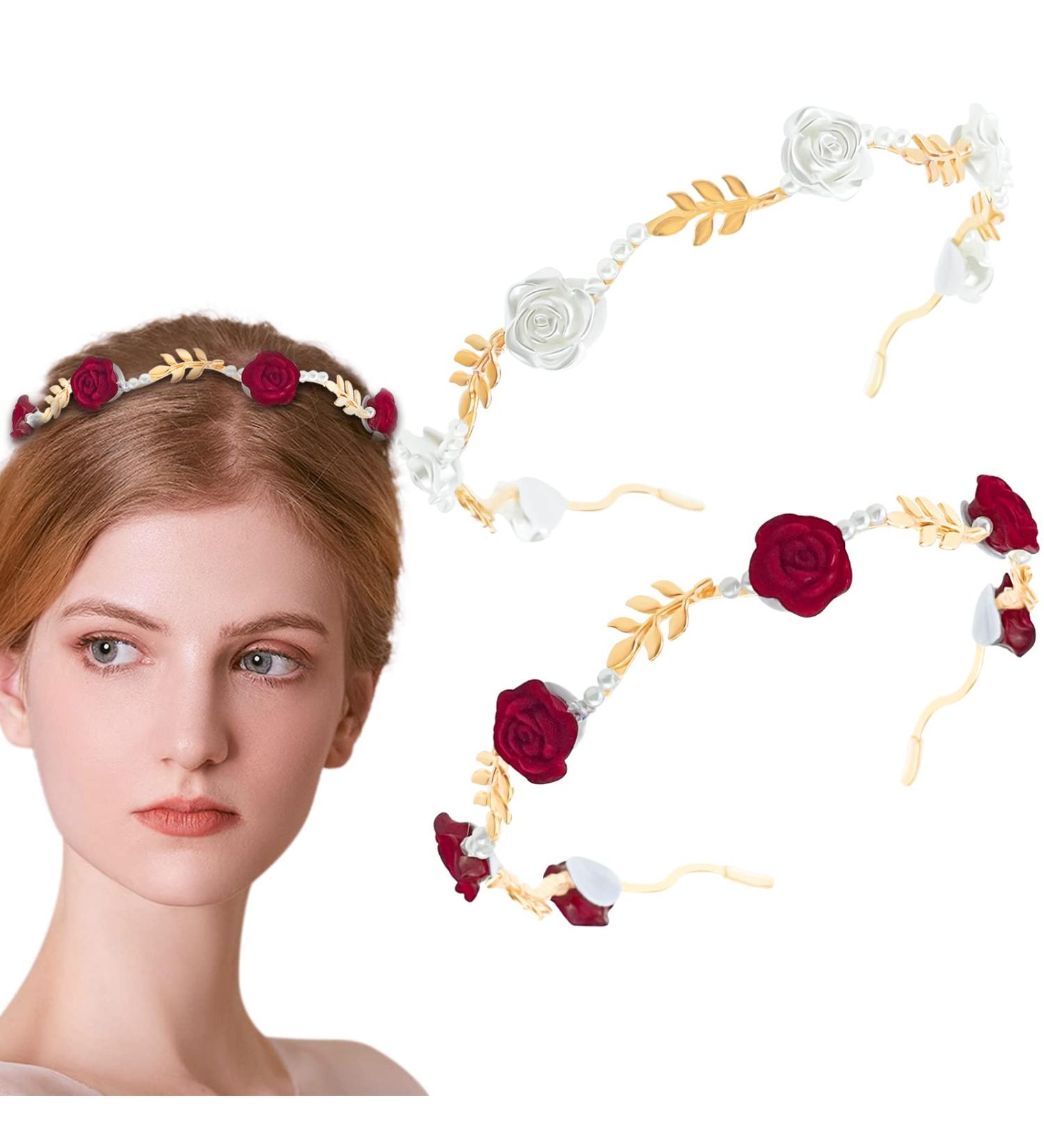 Rose Flower Pearl Headband Set - Gold Metal Floral Hairband for Wedding, Women's Hair Jewelry - Buy Online on GoSupps.com