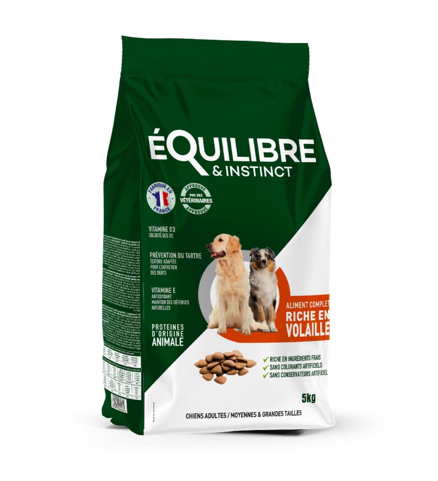 EQUILIBRE & INSTINCT - Adult Dog - Medium/Large Size - Poultry Kibble - Bone Strength - Complete Recipe Formulated with Veterinarians - 5kg - Made in France - Buy Online on GoSupps.com