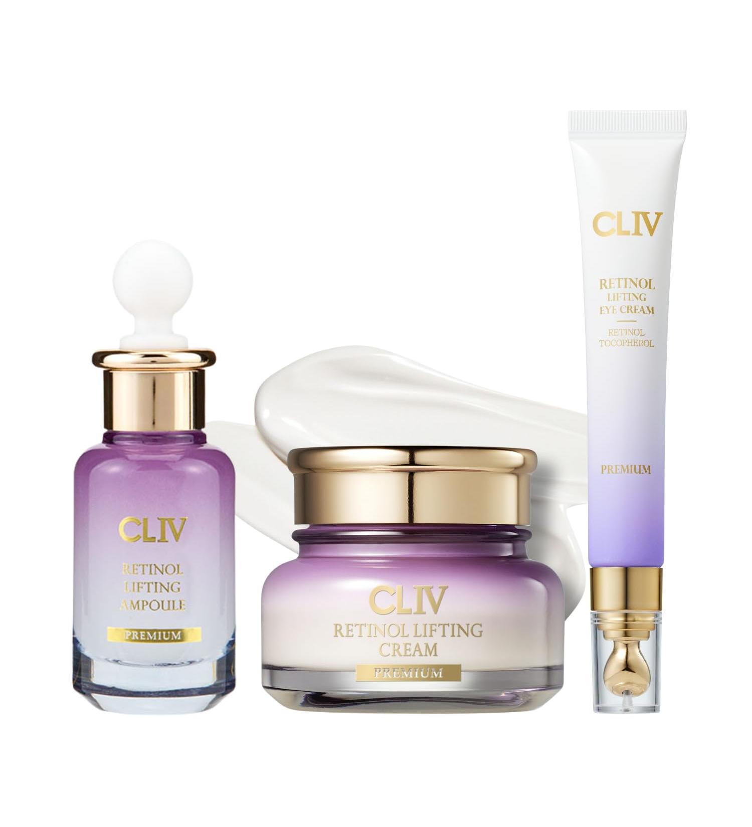 CLIV Retinol Lifting Complete 3-Step Skincare Set - Serum & Cream & Eye Cream - Firming & Hydrating Bundle with Retinol & Collagen