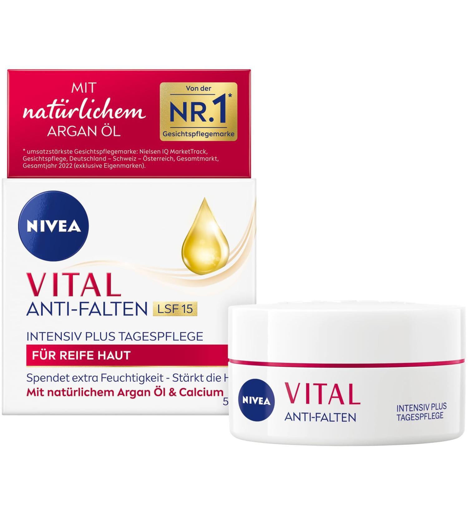 NIVEA VITAL Soin de jour anti-rides Intensiv Plus SPF 15 soin du visage pour peaux matures l'huile d'argan naturelle et au calcium cr me de jour avec SPF pour une hydratation intense (50 ml) Huile d'argan 50 ml (Lot de 1) - Buy Online on GoSupps.com