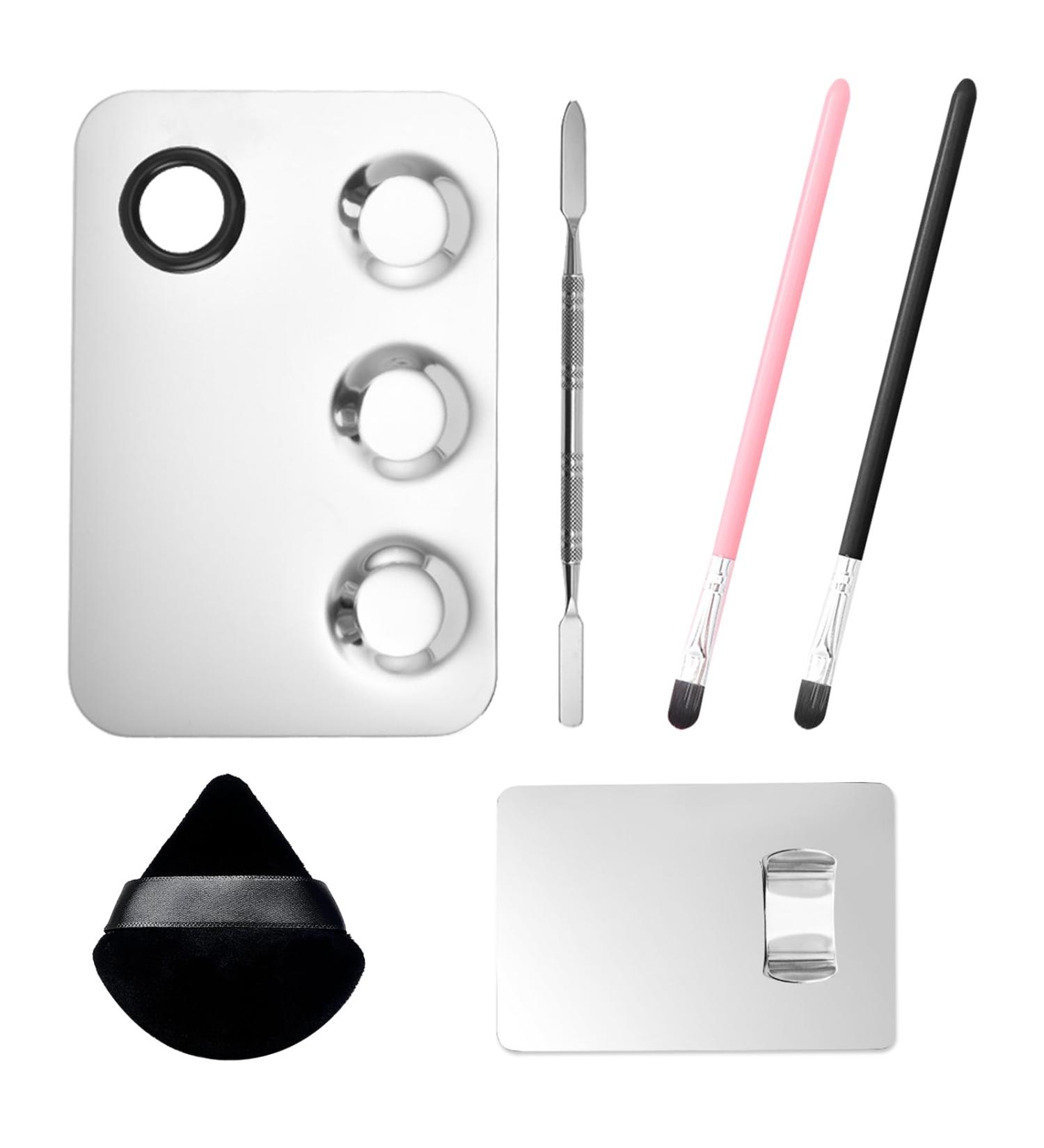 Stainless Steel Cosmetic Palette with Spatula | 3-Well Mixing Makeup Palette & Nail-Art Mixer | Professional Eyeliner Brush & Powder Puffs - Buy Online on GoSupps.com