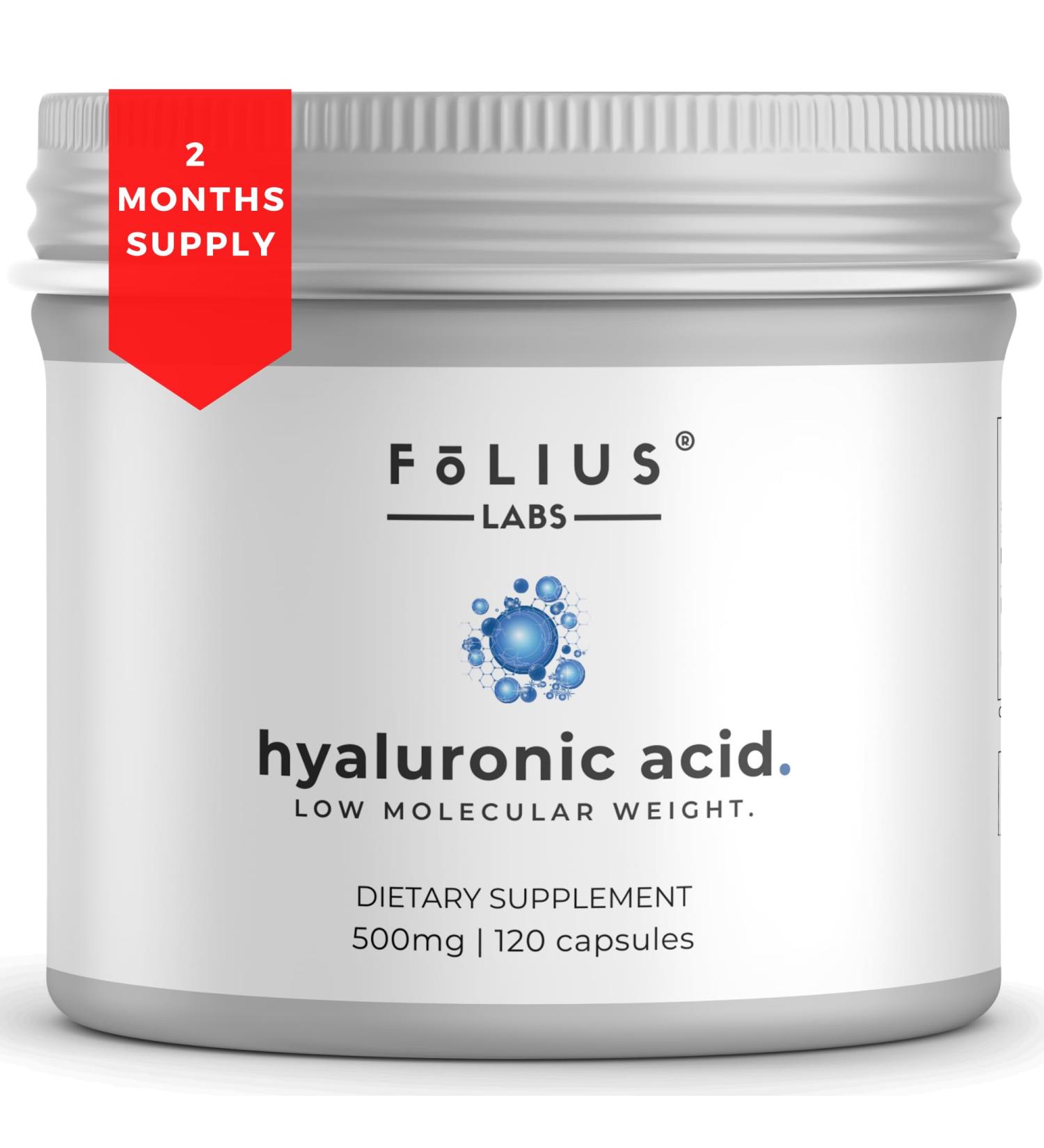 FOLIUS LABS Ultra High Purity Hyaluronic Acid Capsules 500mg - 95% Sodium Hyaluronate - Highly Purified and Bioavailable - Low Molecular Weight - Non-GMO Fermented - 120 Capsules - Buy Online on GoSupps.com