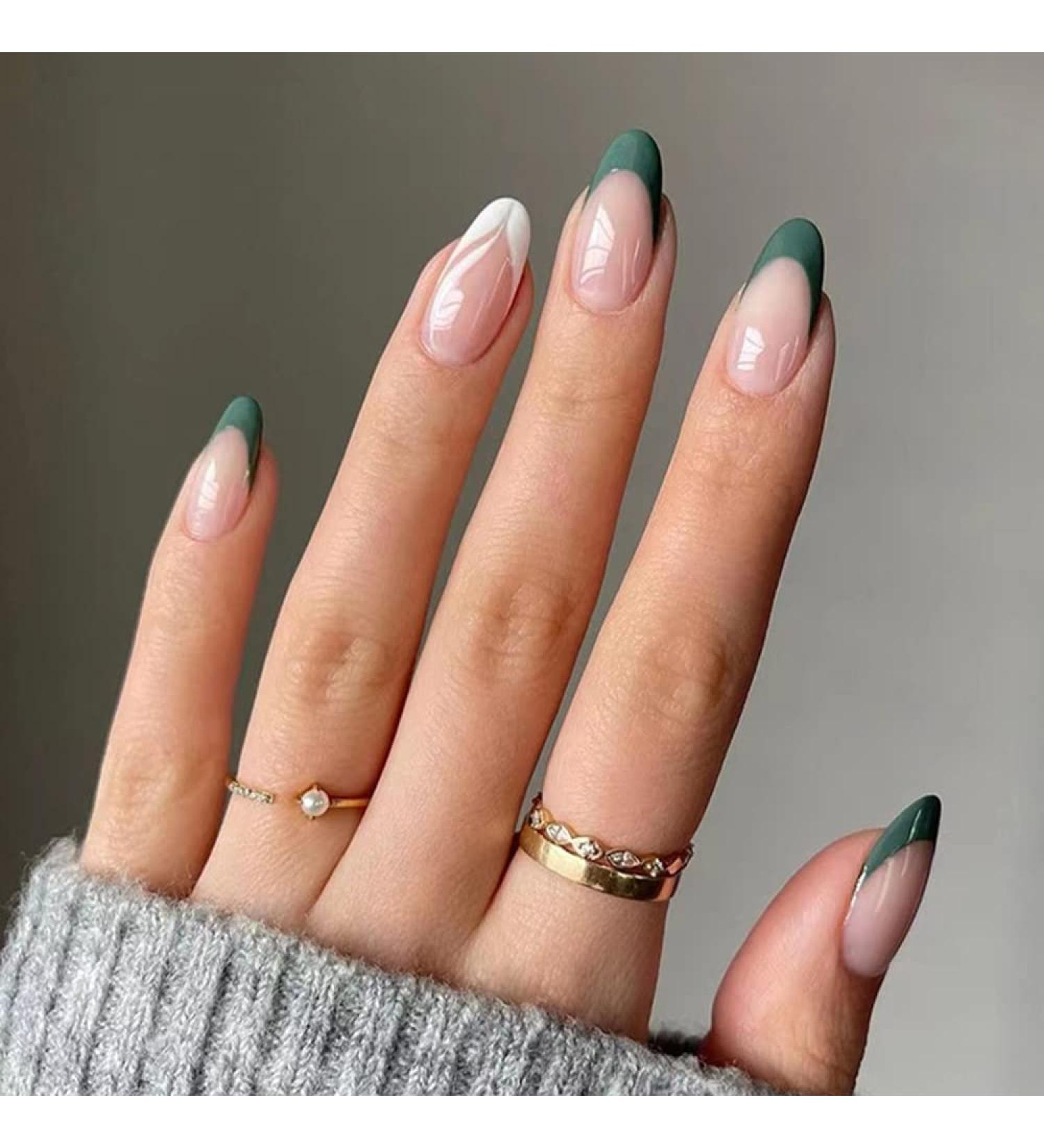 24Pc Short Glossy Almond Design Press on Nails - French Green False Nails Kit with Glue - Oval Green White Nail Tips - Buy Online on GoSupps.com