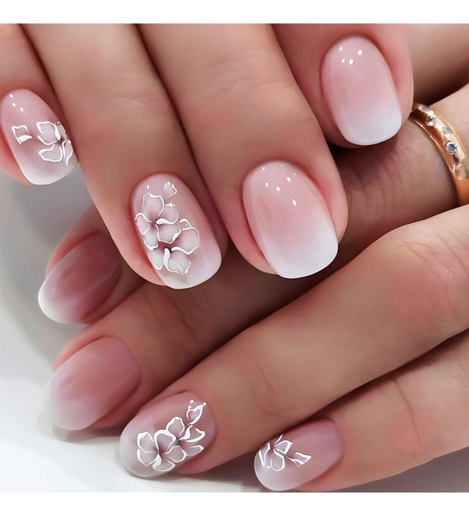 Shop Pink Gradient Press on Nails - Flower Design Ombre Short Square False Nails | 24Pcs Glossy Gel Art for Coquette Women - Buy Online on GoSupps.com
