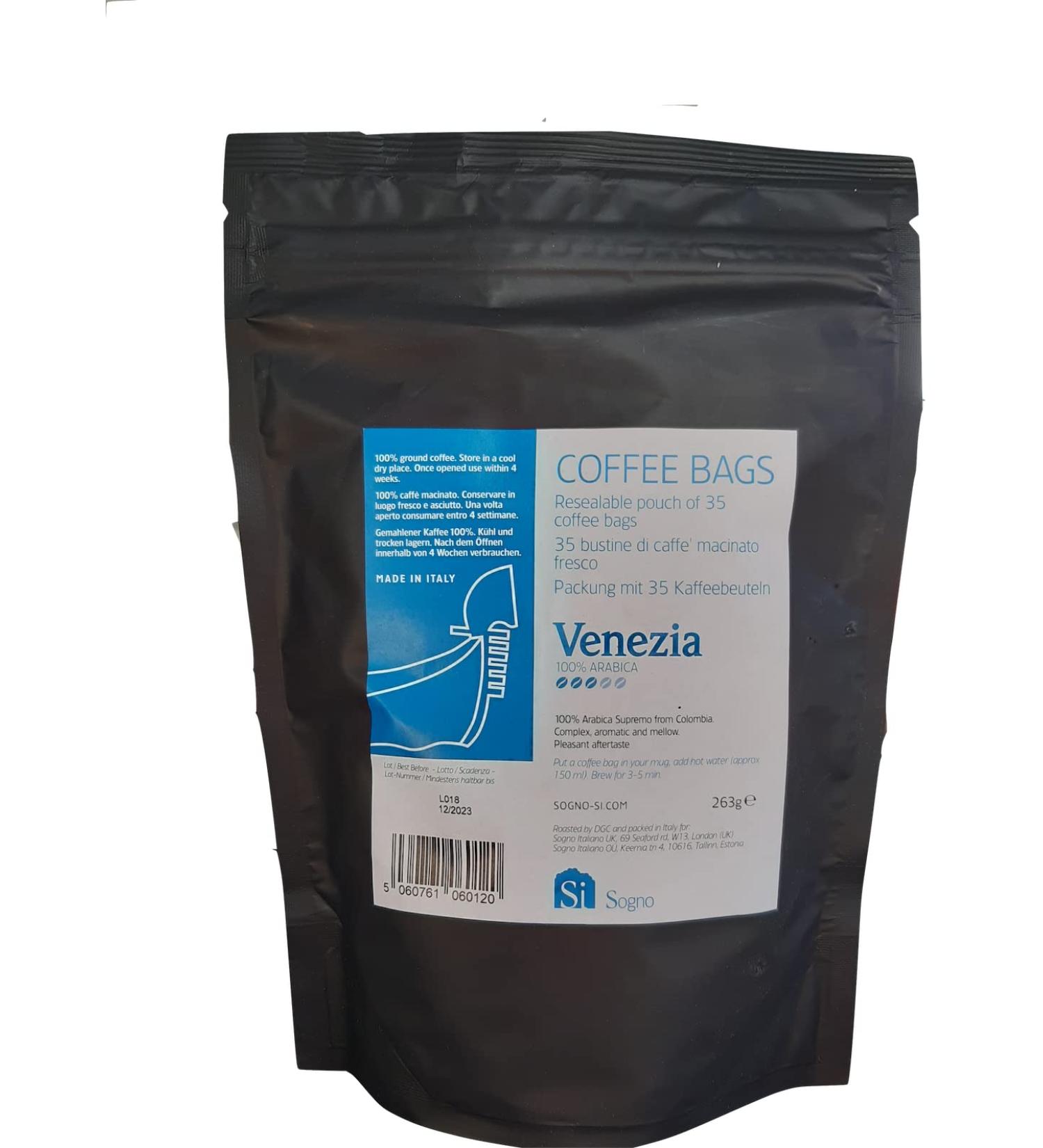 Si Sogno VENEZIA fresh ground coffee bags 100% Arabica aromatic and mellow (resealable pouch of 35 coffee bags) 6 - Buy Online on GoSupps.com