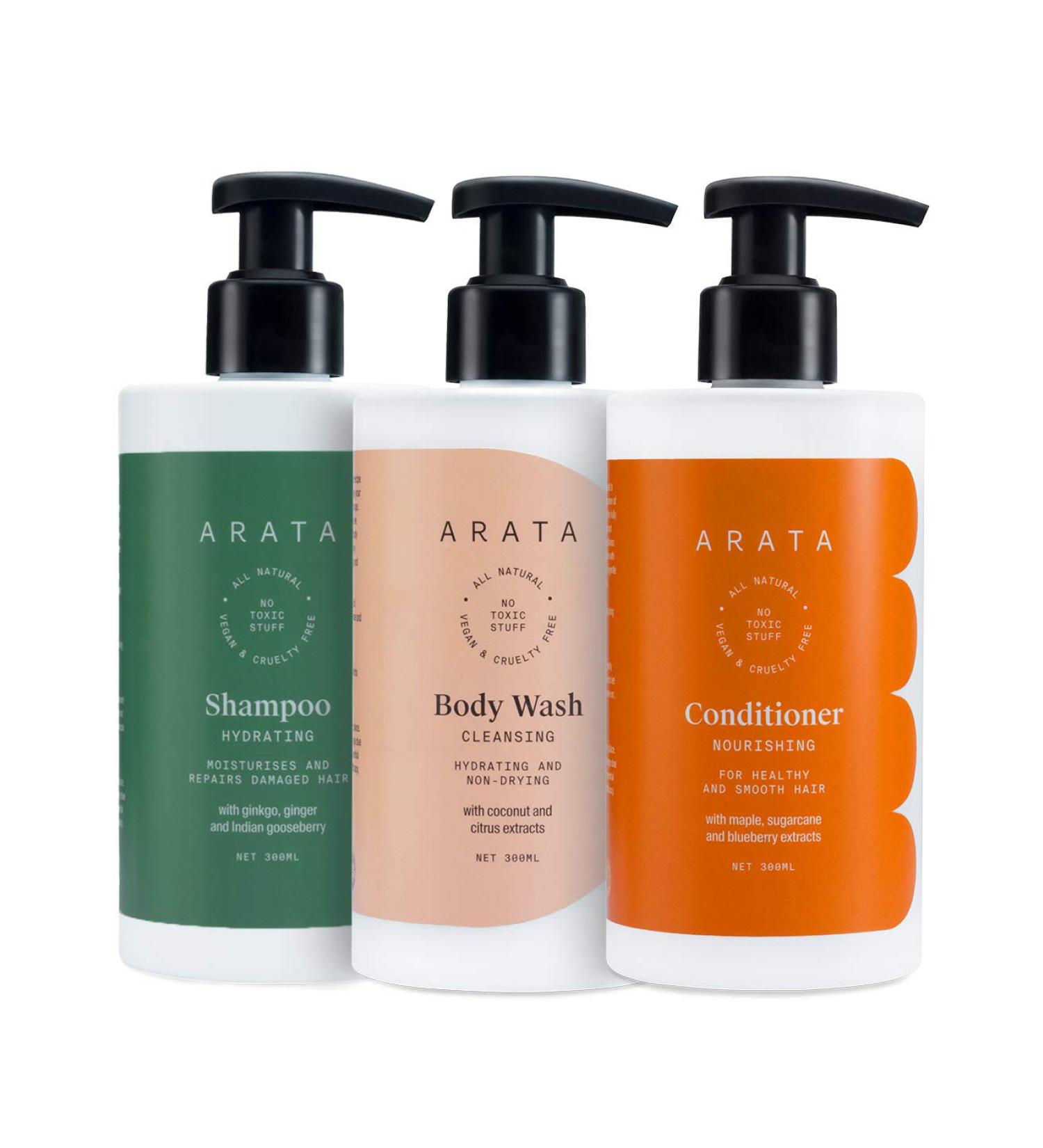 Arata Natural Deep Hydration Combo: Hydrating Shampoo, Body Wash & Conditioner for Men & Women | All Natural, Cruelty-Free | Nourished Hair, Non-Toxic Skincare - Buy Online on GoSupps.com