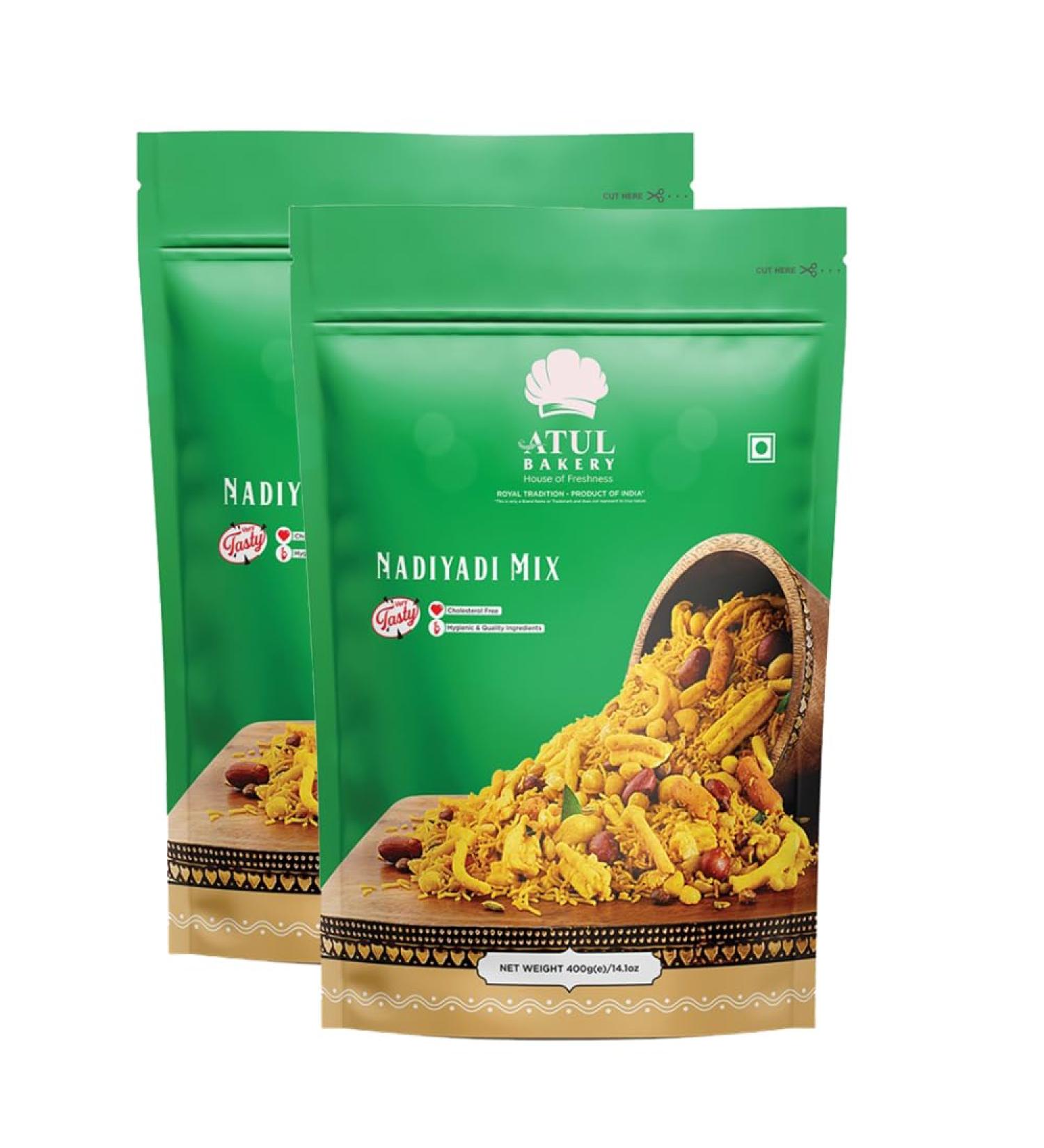Atul Bakery Namkeens Savory Snacks (400 Gram) Easy to Carry Anywhere Crispy Crunchy & Spicy Made With Authentic Taste Enjoy At Tea Time (Pack of 2 Nadiyadi Mix)
