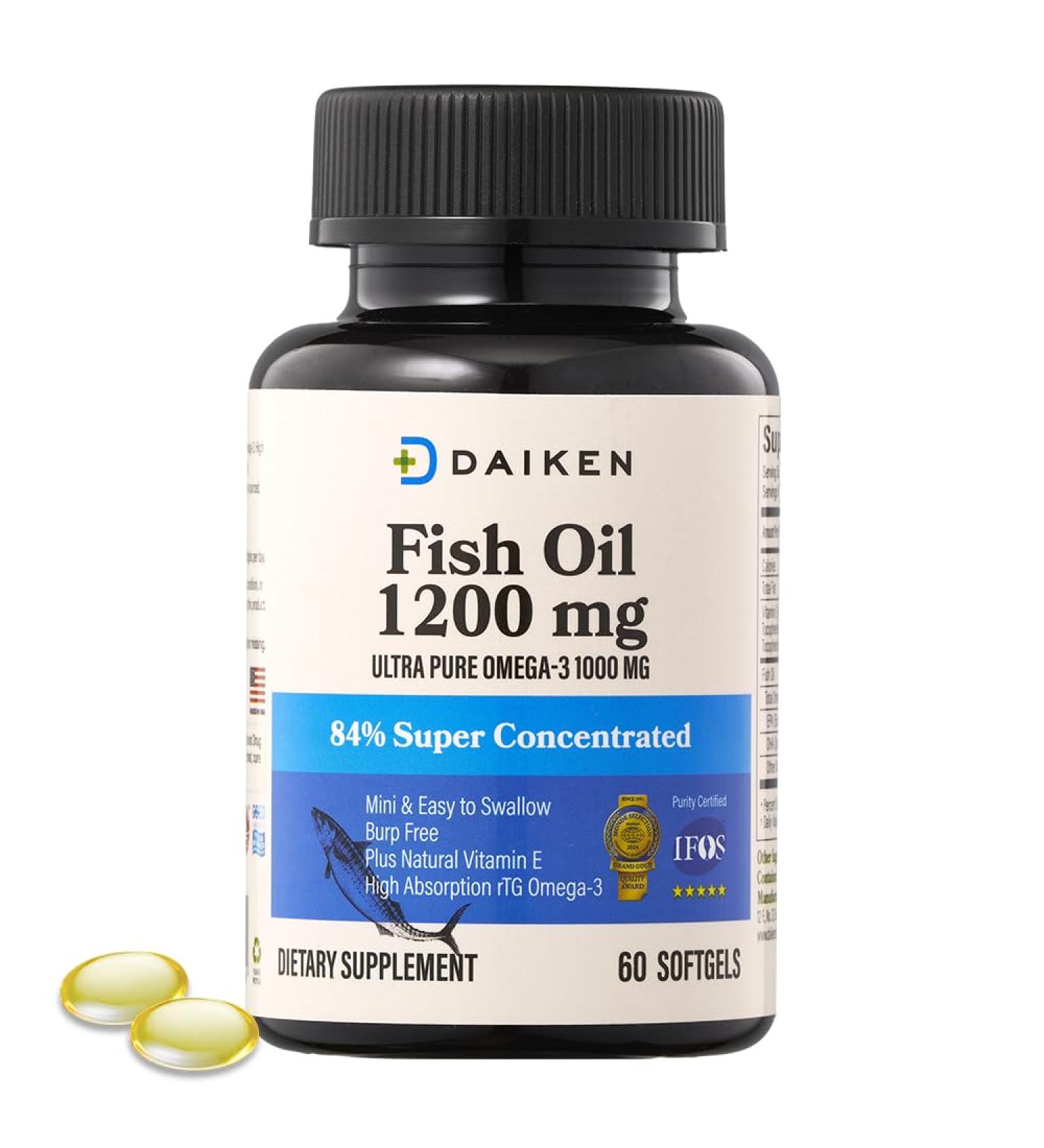 DAIKEN Mini Fish Oil 1200 mg rTG Omega 3 1000mg 60 Softgels High Absorption & Burpless Fish Oil for Healthy Heart Brain and Dry Eyes Support NEW 60 Count (Pack of 1) - Buy Online on GoSupps.com