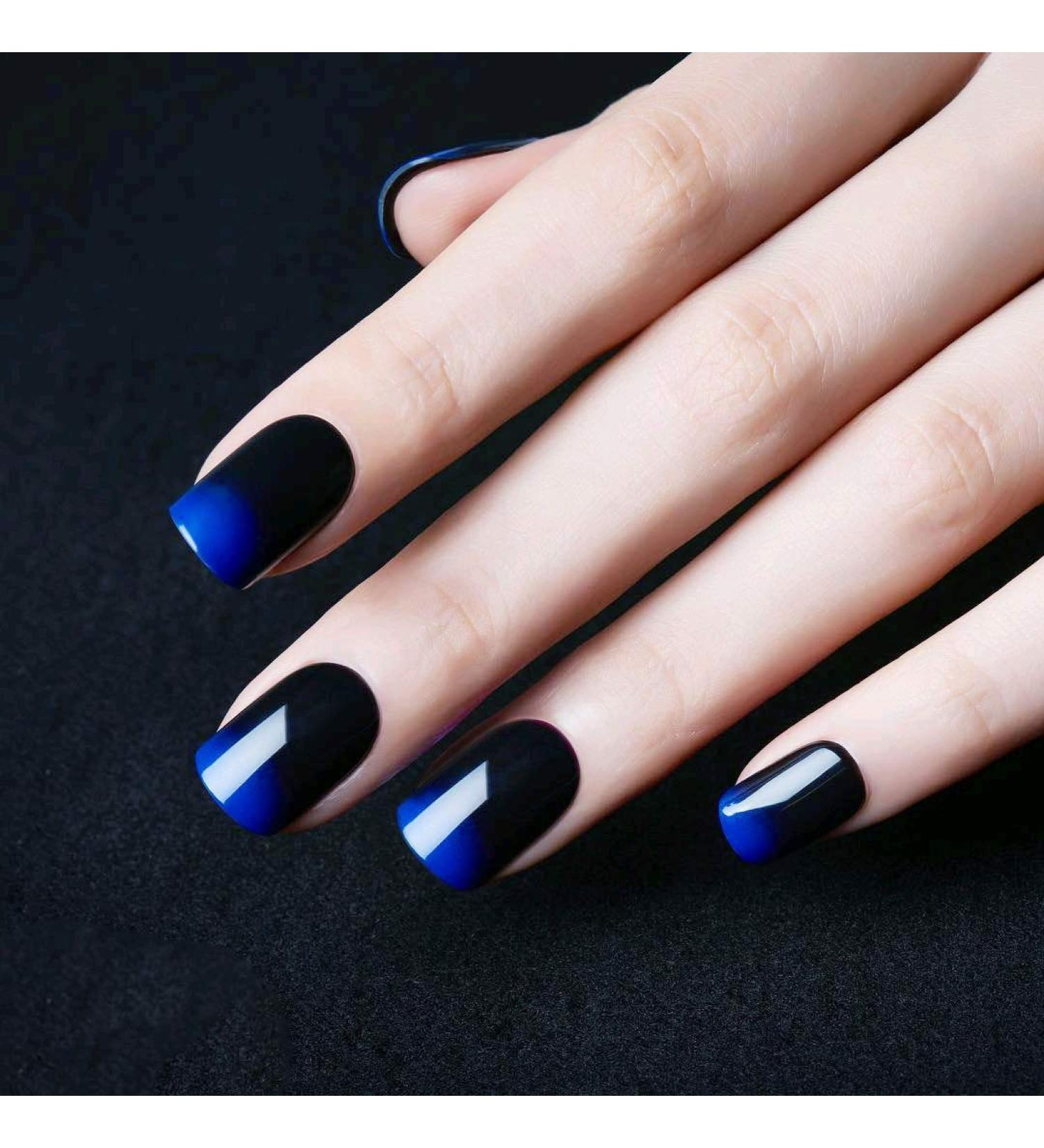Siusio 24-Piece Black Gradient Artificial Nails Set - Full Cover Short Gel-Art with Royal Blue Jewelry Top Coat for Women & Girls - Buy Online on GoSupps.com