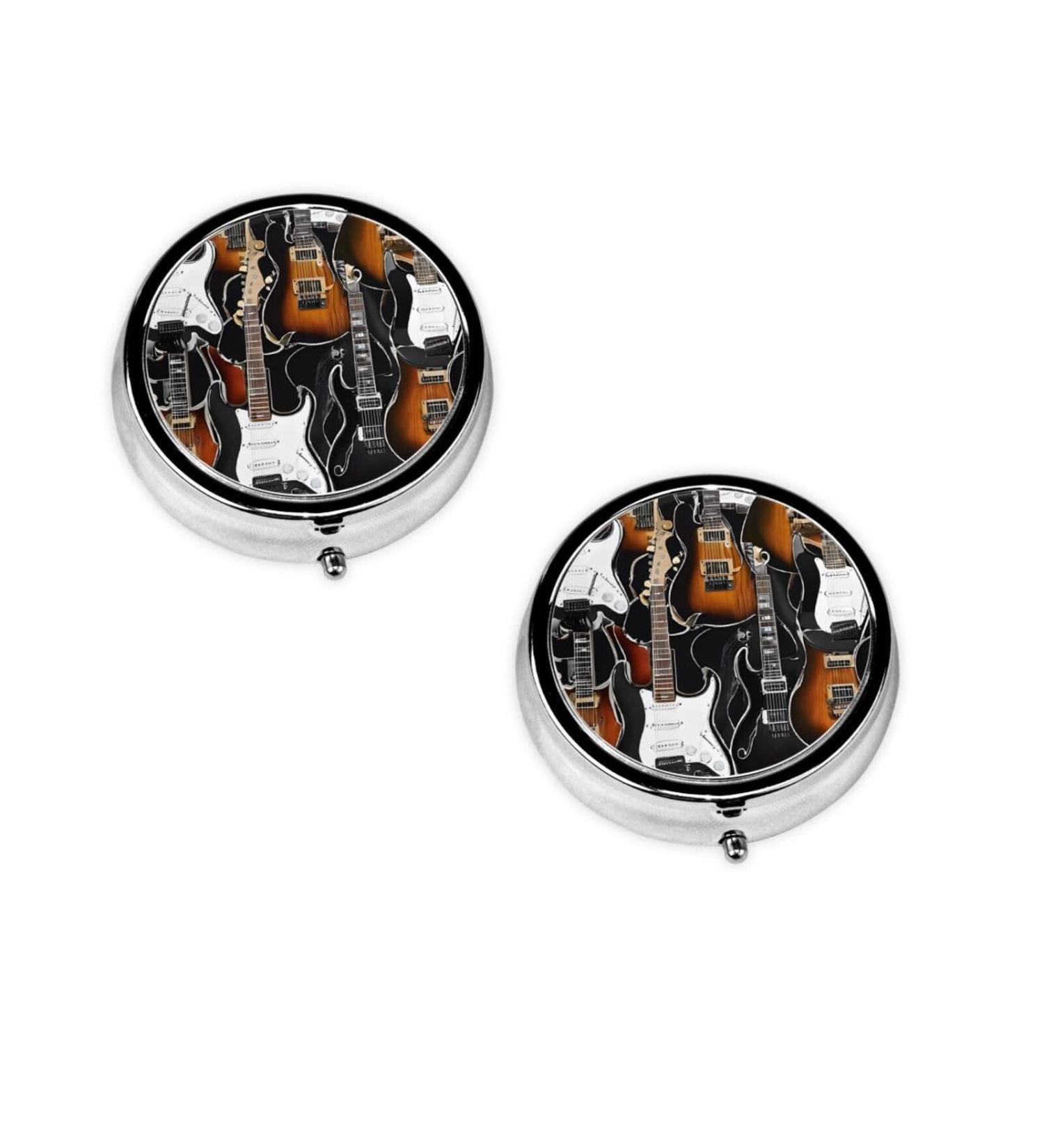 Color Acoustic Guitars Round Pill Box - 3 Compartment Mini Decorative Travel Organizer for Vitamins & Medicine - Buy Online on GoSupps.com