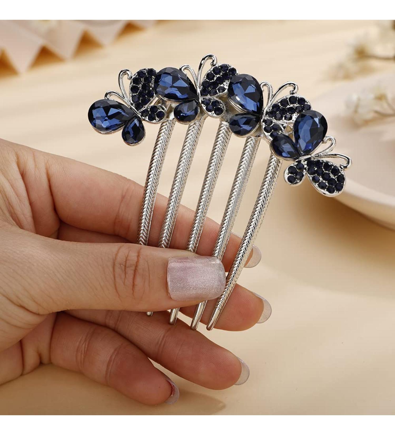 Wedding Crystal Butterfly Hair Comb - Deep Blue Rhinestone Bridal Headpiece for Women and Girls - Buy Online on GoSupps.com