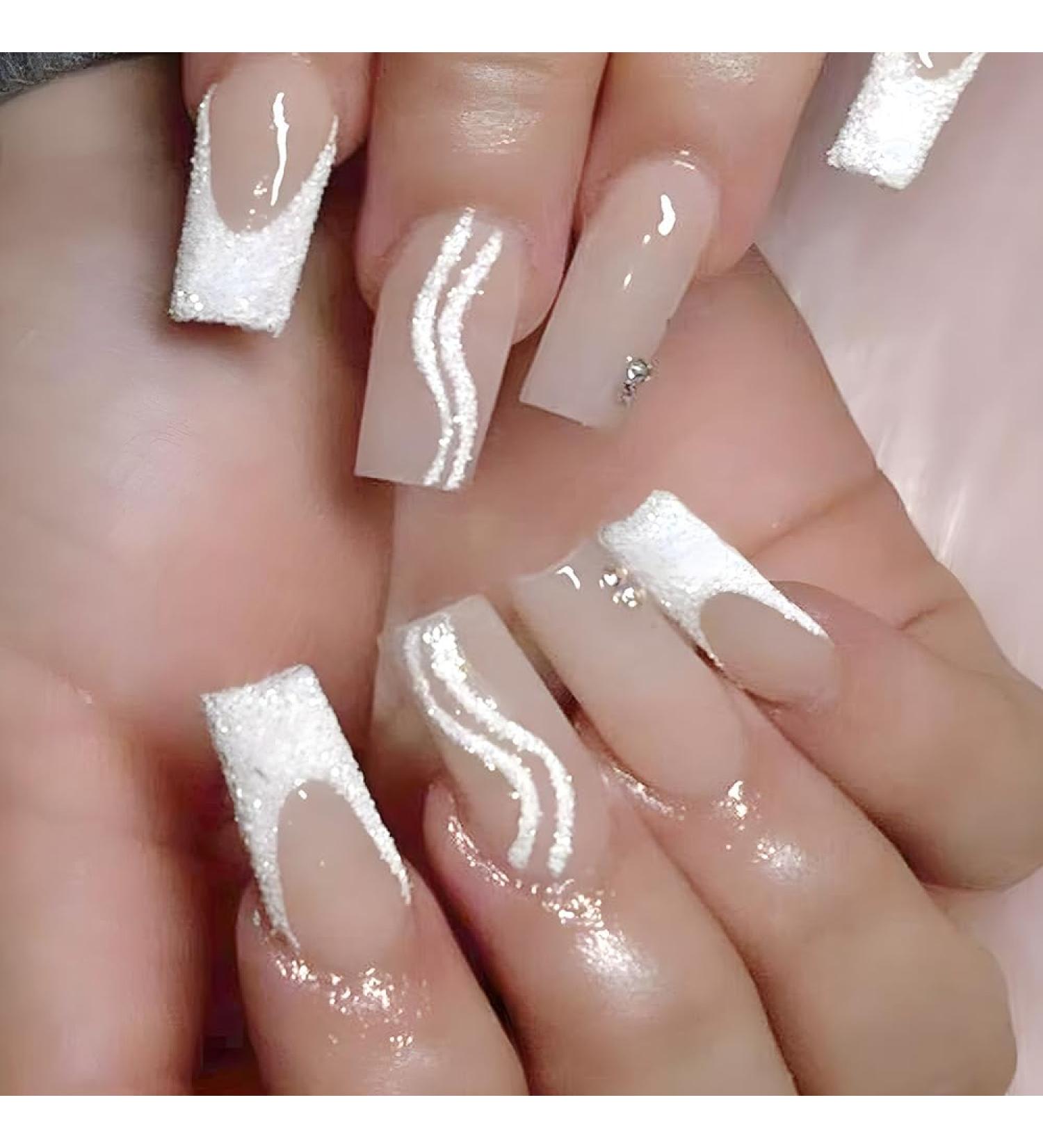 Long Ballet Nails French Tip Press on Nails with Nail Tips Glitter Ripple French False NailRhinestones Design press on nails Acrylic False Nails Cute Artificial Nails for Women and Girls - Buy Online on GoSupps.com