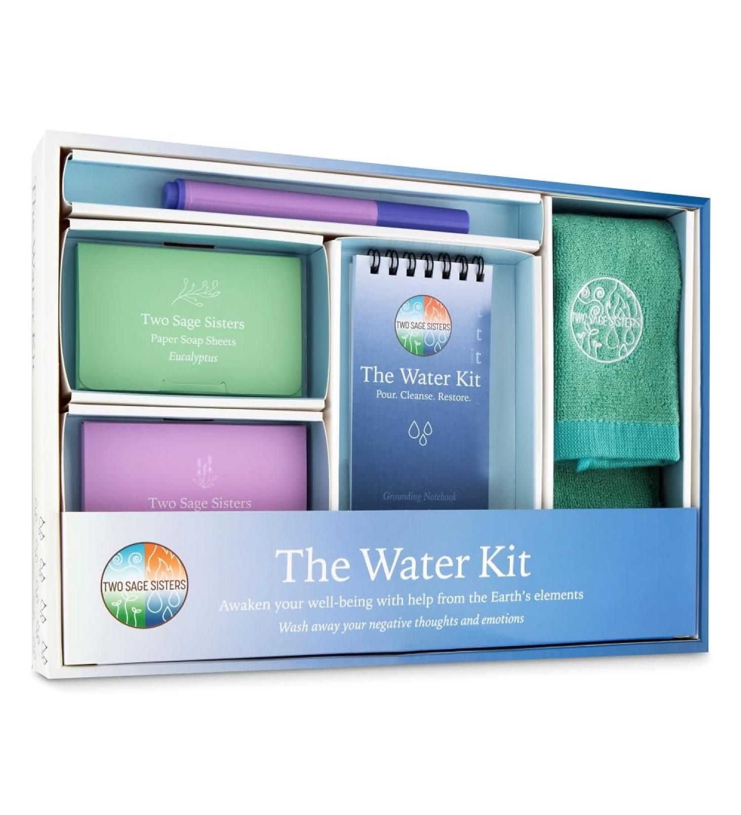 Two Sage Sisters Water Kit - Ultimate Self Care Set with Soap Sheets Notebook Marker & Washcloth | Relaxation & Meditation Mini Spa Box for Men & Women - International Shipping - Buy Online on GoSupps.com