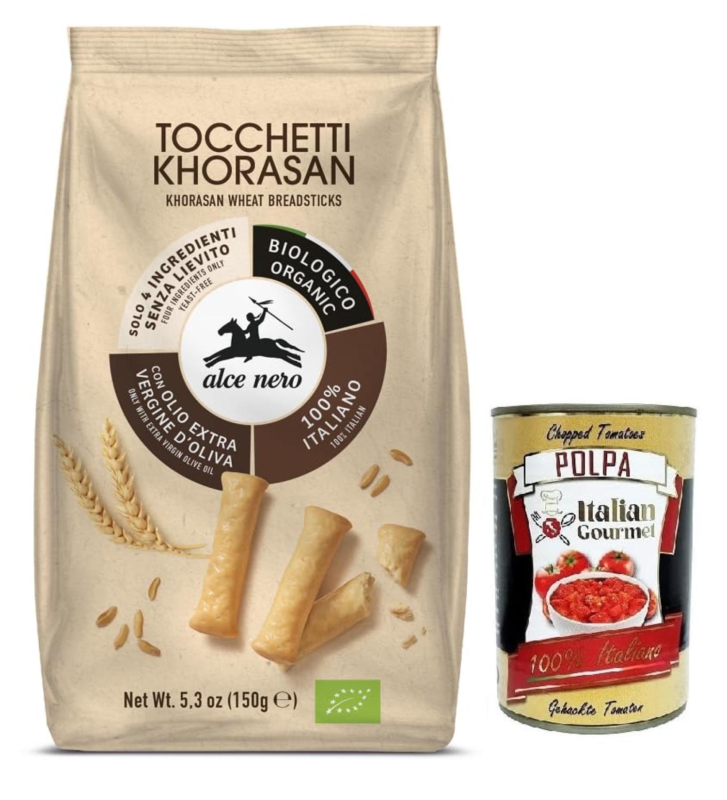 Alce Nero Tocchetti Breadsticks organic baking product with organic khorasan wheat and extra virgin olive oil 150 g pack + Polpa di Pomodoro Italian Gourmet Polpa di Pomodoro 400 g - Buy Online on GoSupps.com