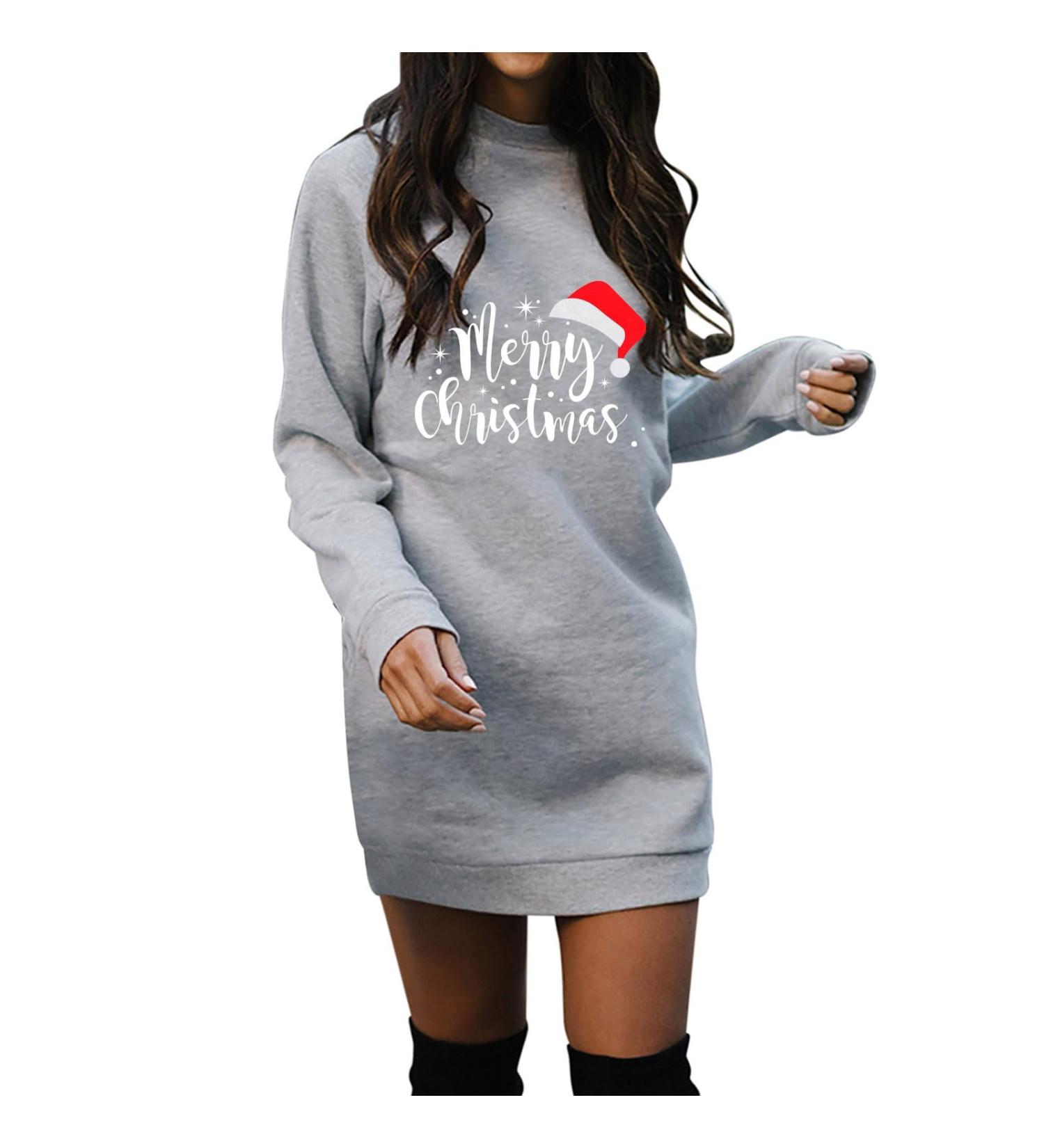 Women's Christmas Costume Cartoon Elk Sweatshirt Dress - Cute Mini Pullover Dress for Holiday Fashion - Buy Online on GoSupps.com