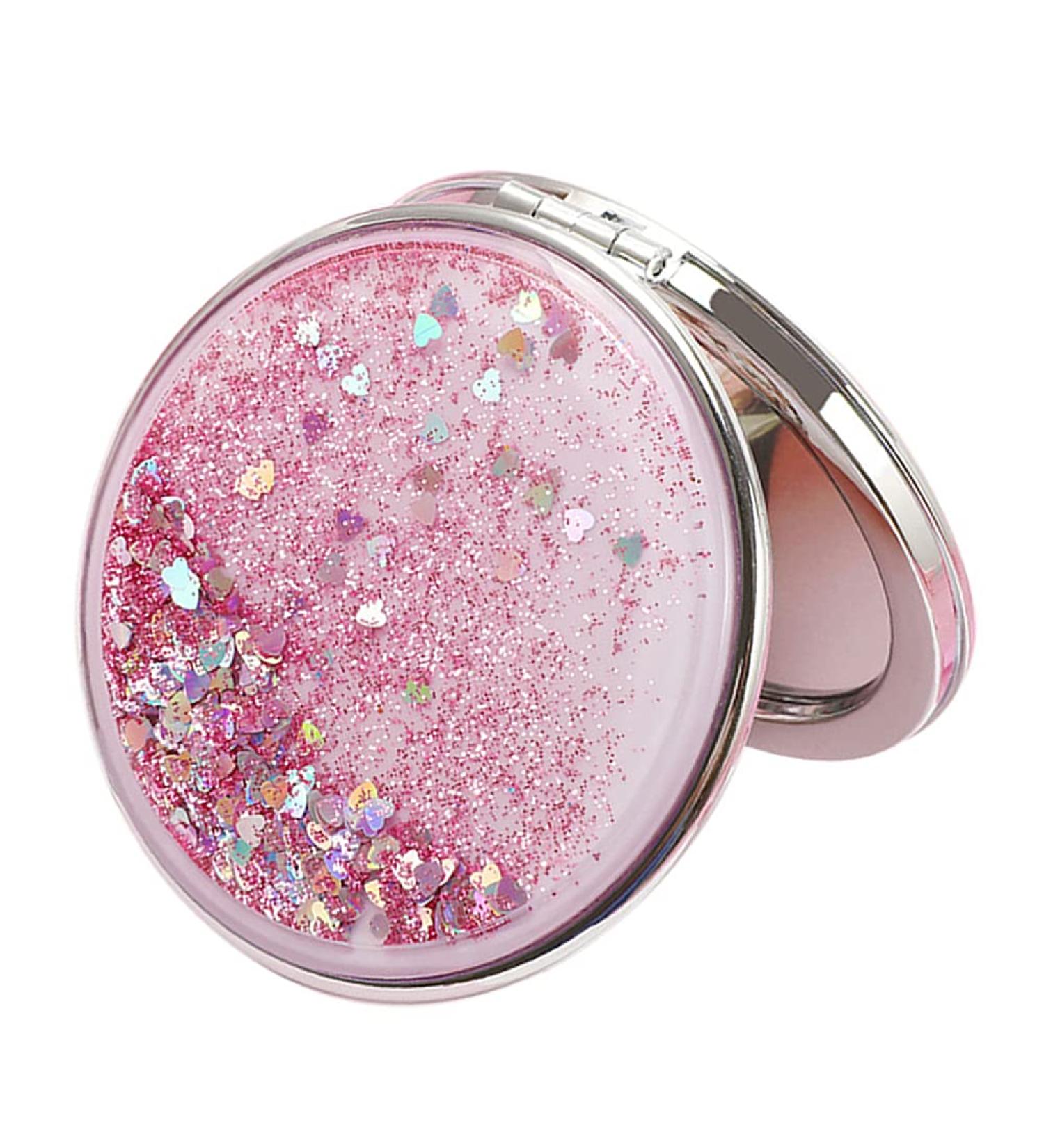 AKOAK Compact Quicksand Pocket Travel Makeup Mirror - Double Sided 1x/2x Magnification - Pink - Buy Online on GoSupps.com