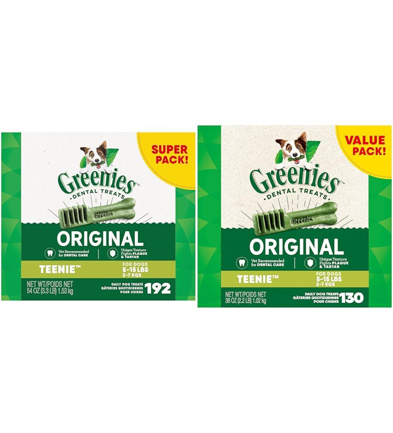 GREENIES Original TEENIE Natural Dental Care Dog Treats 54 oz. Pack 1 (192 Treats) & Dog Treats Original TEENIE Natural Dental Care (130 Treats) 36oz. Pack - Buy Online on GoSupps.com