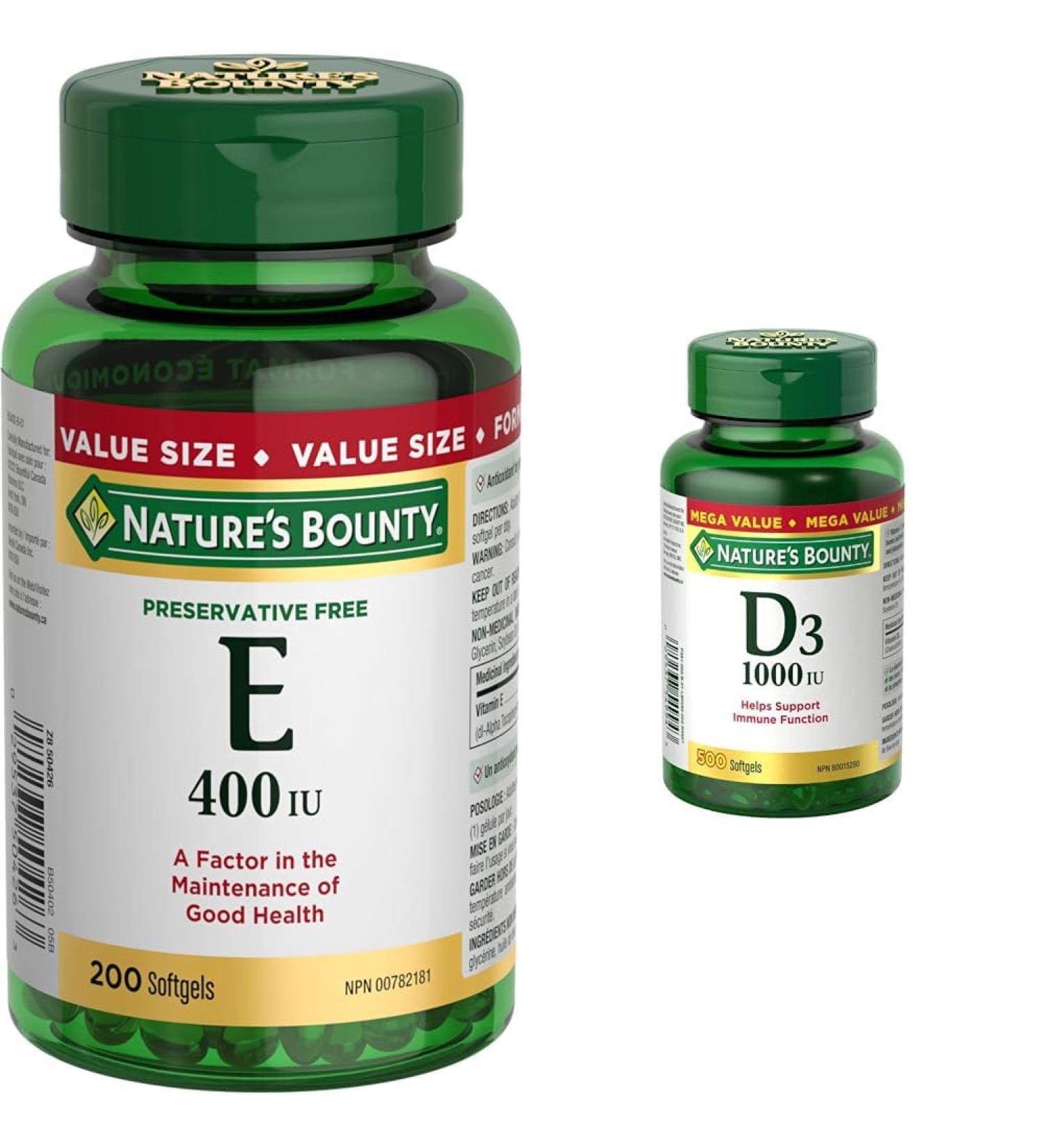 Nature's Bounty Vitamin E Pills And Supplement Helps Maintain Health 400Iu 200 Softgels & Vitamin D3 Pills and Supplement Helps Support Immune Function 1000iu 500 Softgels Vitamin+ Vitamin D3 Pills - Buy Online on GoSupps.com
