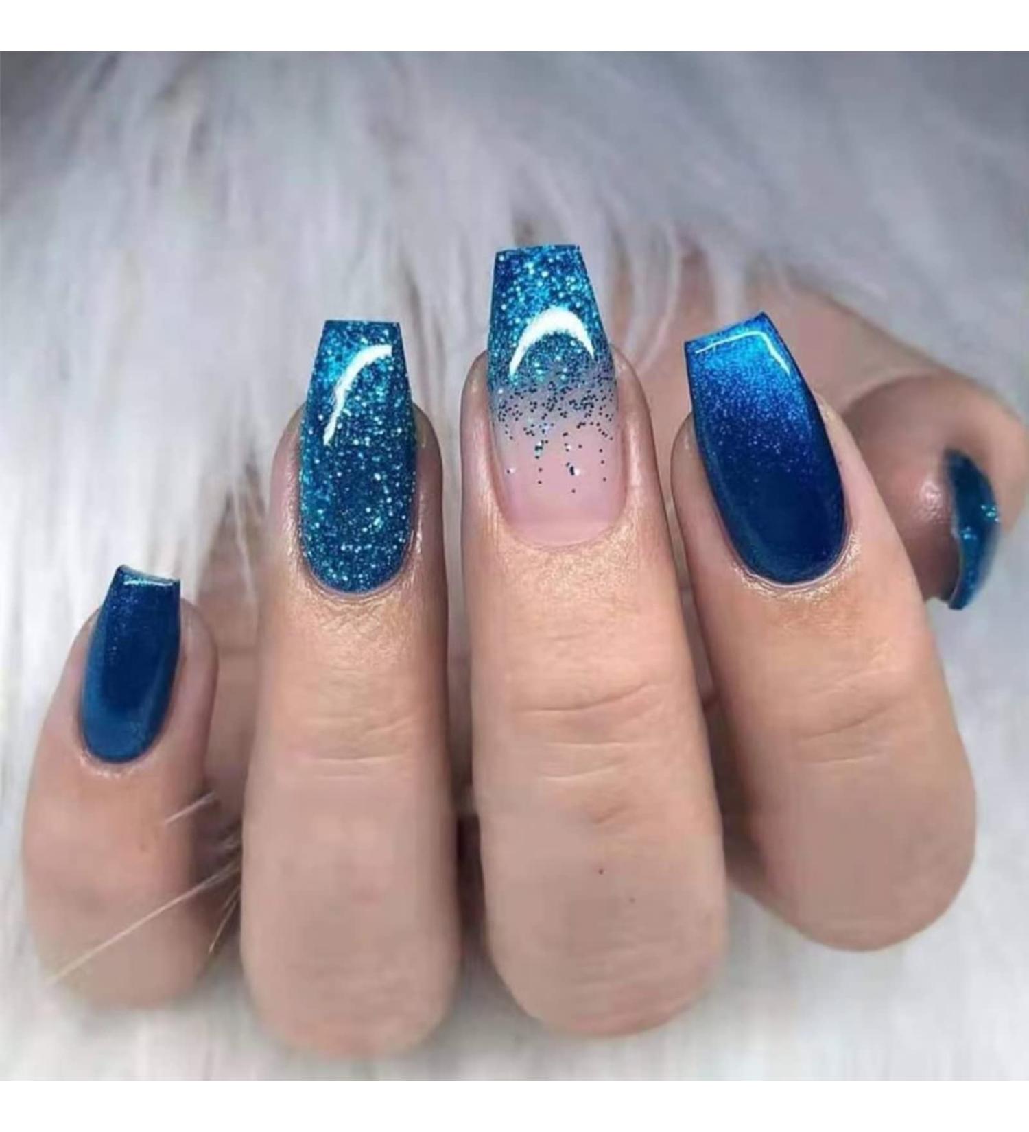 Blue Sequin Press On Nails Medium for Women - Full Cover Tips for Salon Perfect Manicure - Buy Online on GoSupps.com