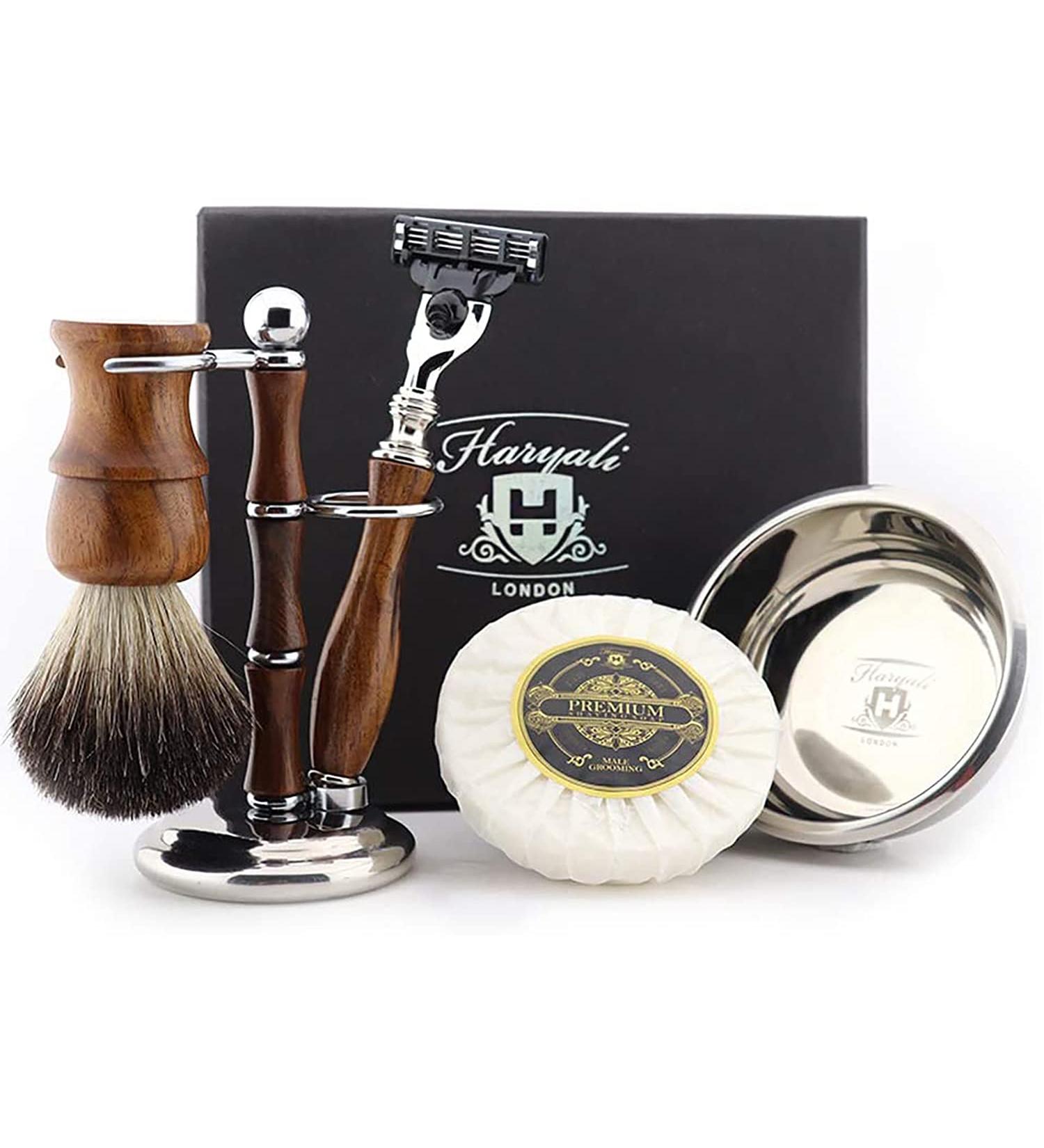 Haryali London 5-Part Wooden Razor Set | Badger Hair Brush Shaving Soap & Bowl | Perfect Gift for Shaving Enthusiasts - Buy Online on GoSupps.com