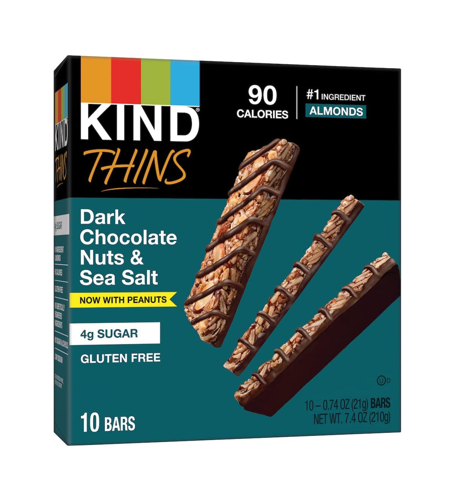 KIND THINS Dark Chocolate Nuts & Sea Salt Bars (Now with Peanuts) Gluten Free Bars 4g Sugar 0.74 OZ Bars (60 Count)