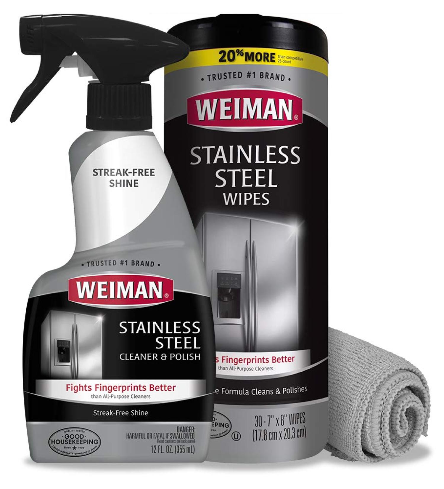 Weiman Stainless Steel Cleaner Kit - Fingerprint Resistant - Removes Residue, Water Marks, and Grease - Ideal for Appliances like Refrigerators, Dishwashers, Ovens, and Grills - Buy Online on GoSupps.com