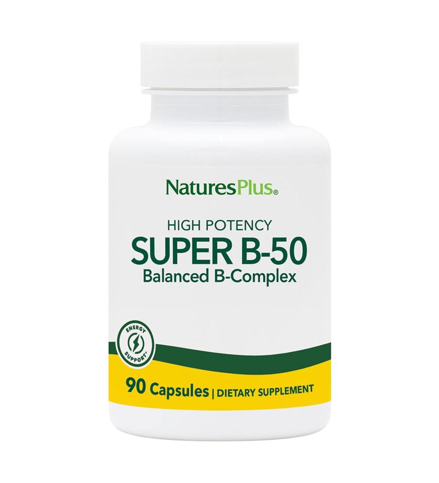 NaturesPlus Super B50-90 Vegetarian Capsules - High Potency B Complex Vitamin Supplement - Energy & Brain Booster - 90 Servings - Buy Online on GoSupps.com