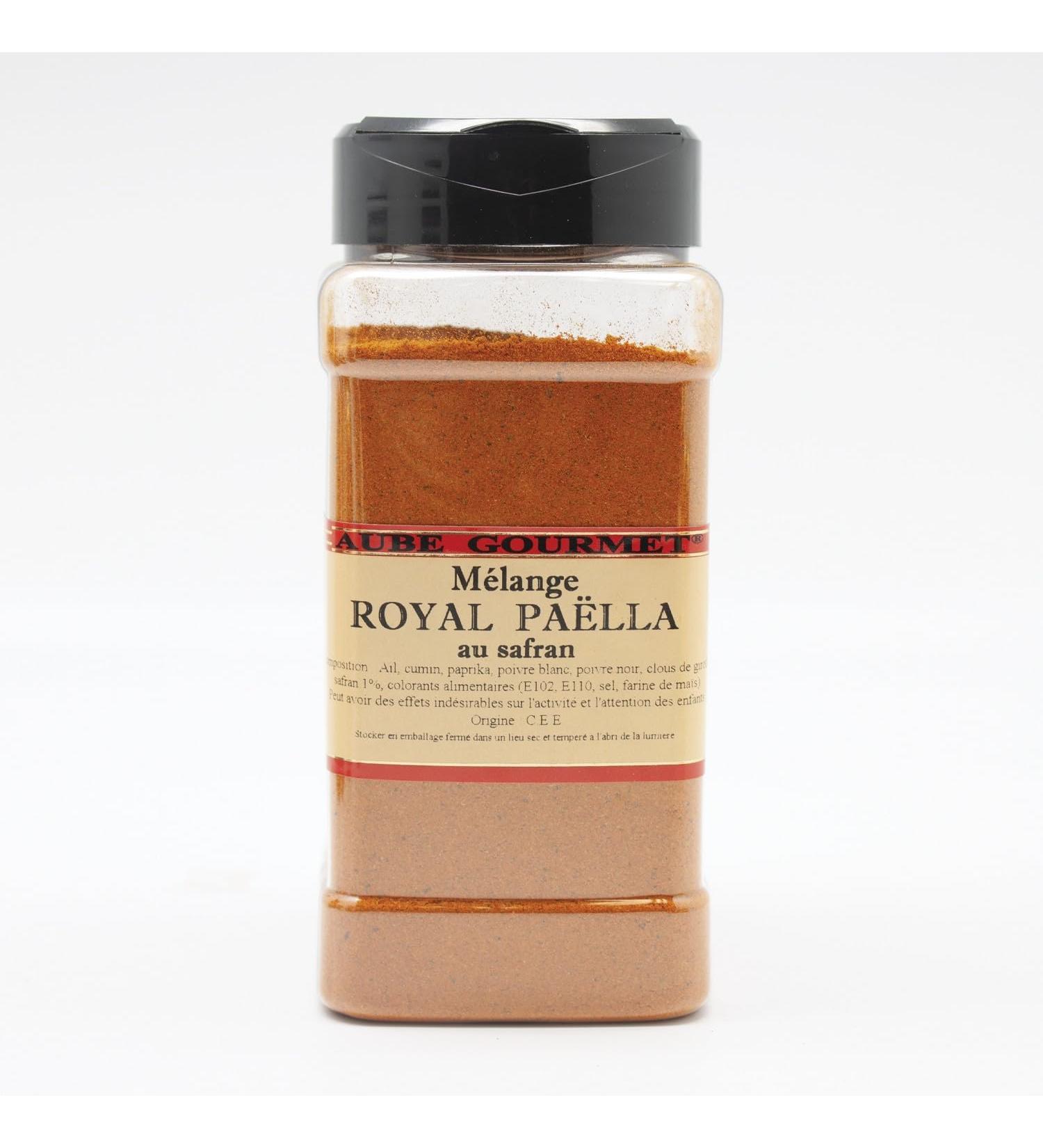 Spices mix for royal paella with saffron in large distributor of 600 g