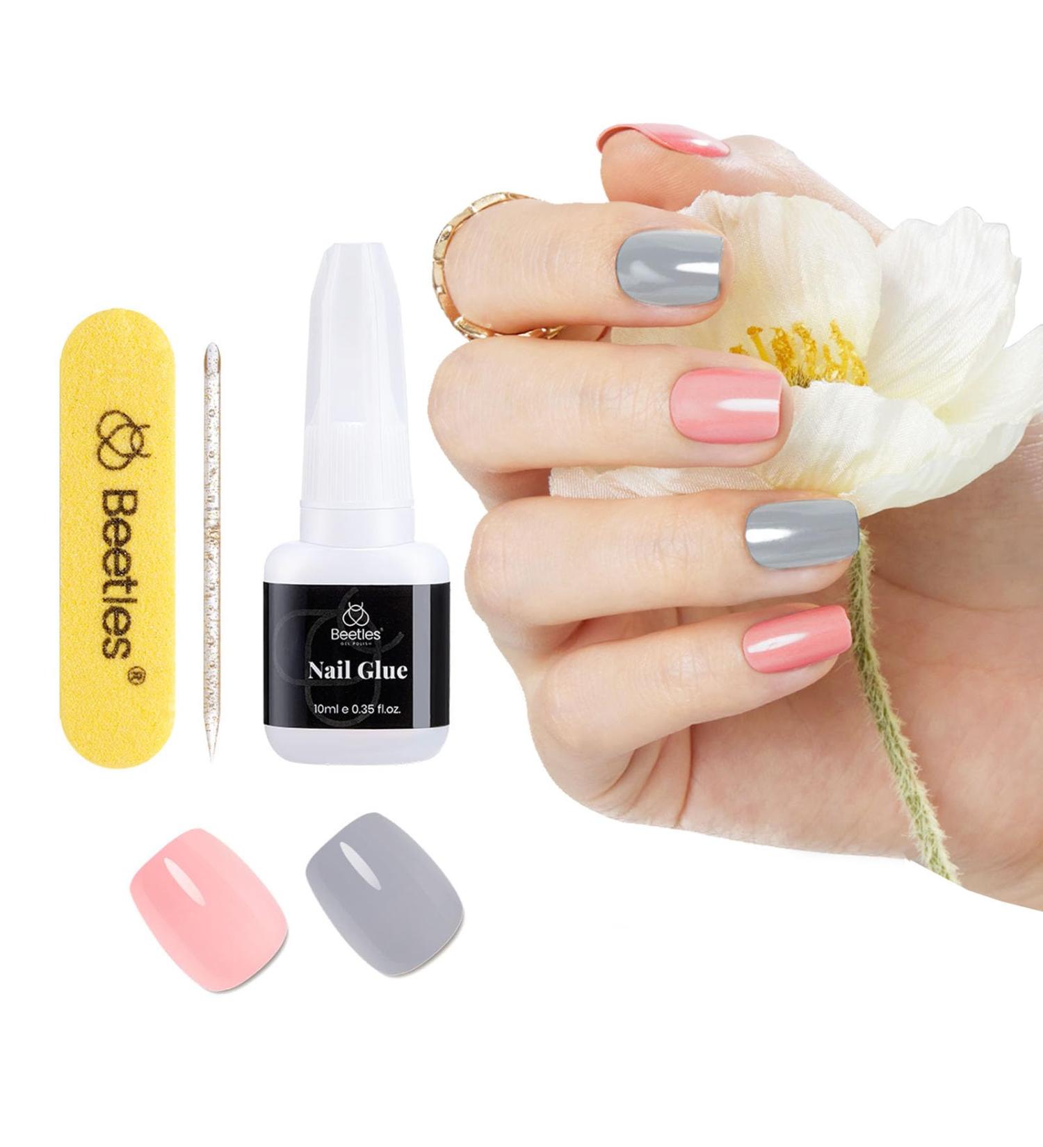 Buy Beetles Press On Nails - Pink & Gray Short Square - 56 Pcs Reusable Acrylic Glue-On Nails Kit for Women & Girls | Elegant DIY Manicure - Buy Online on GoSupps.com