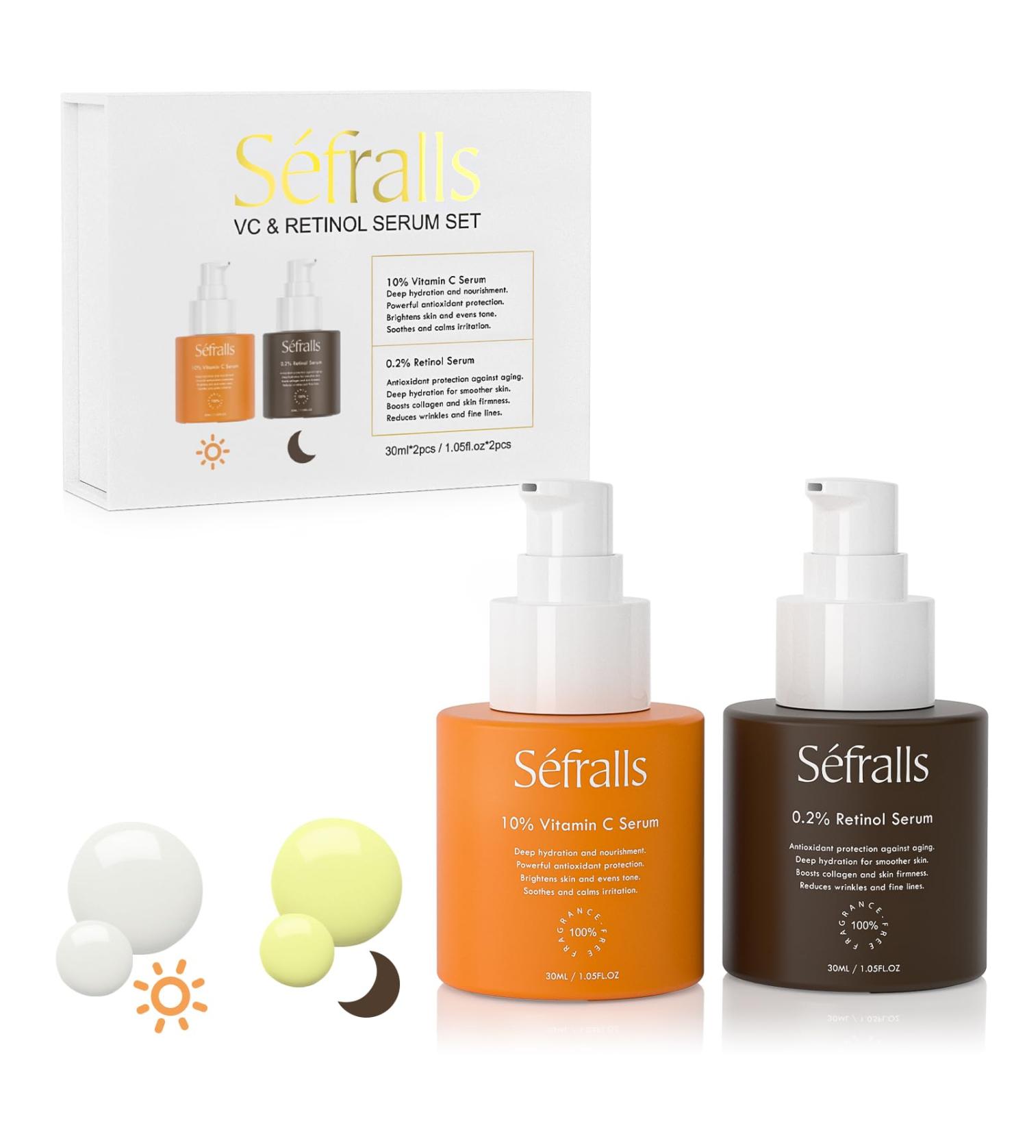 Sefralls Face Serum Duo Retinol Vitamin C Anti Aging Skin Care Set for Women Anti Wrinkle Smooth & Firm Skin 1 fl oz 2 Bottles - Buy Online on GoSupps.com