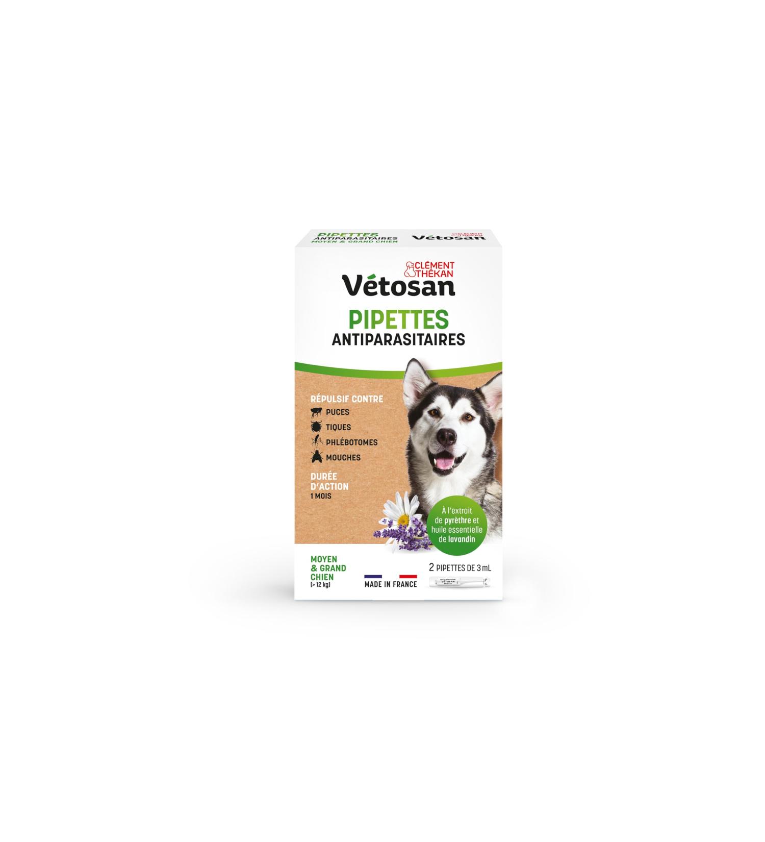 Cl ment Th kan - V tosan Repellent Pipettes for Medium and Large Dogs - Anti-Flea and Anti-Tick - 100% Plant-Based Active Ingredients - 2 pipettes - Buy Online on GoSupps.com